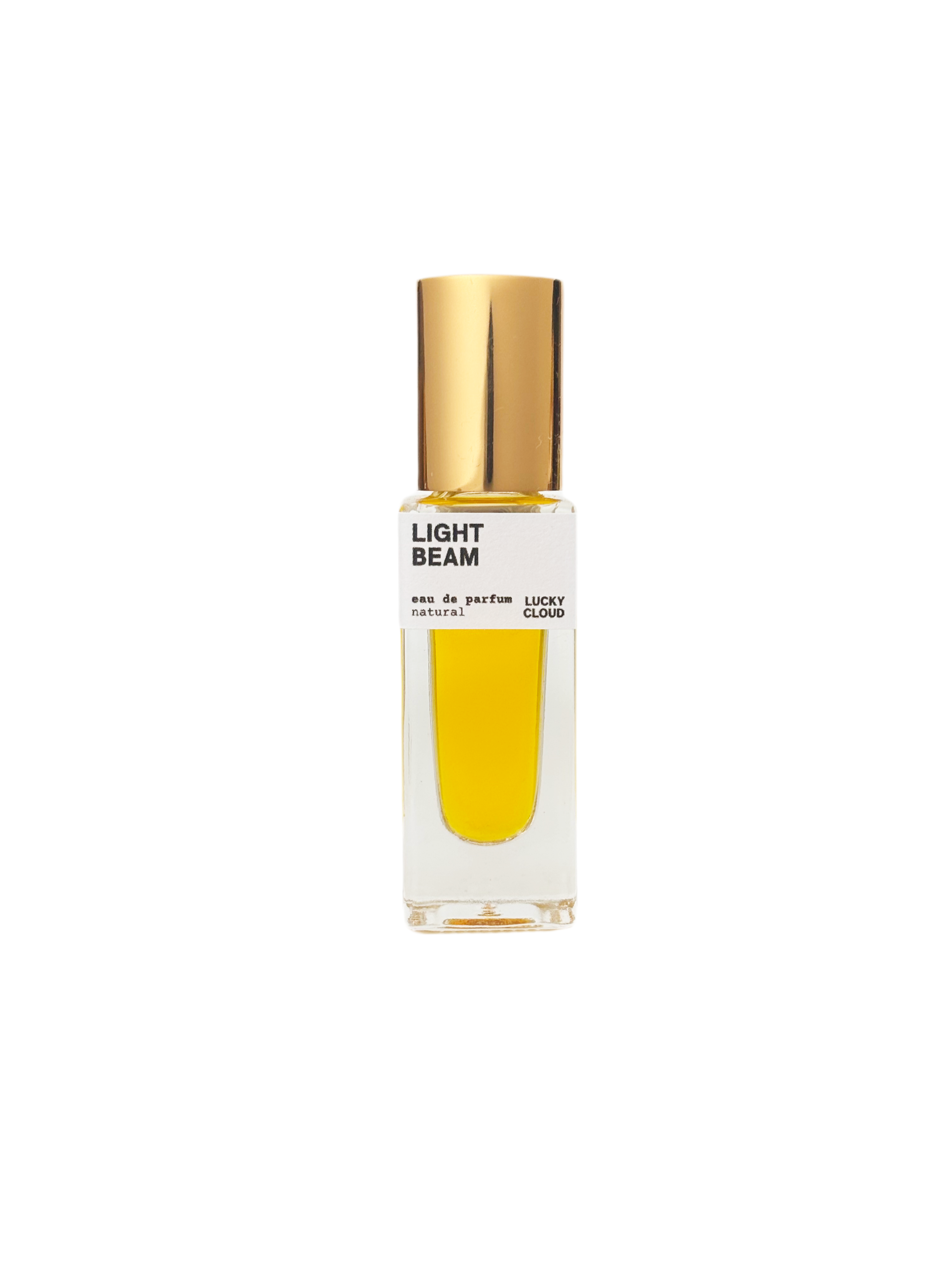 Perfume bottle labeled 'Light Beam' with a gold cap on a white background