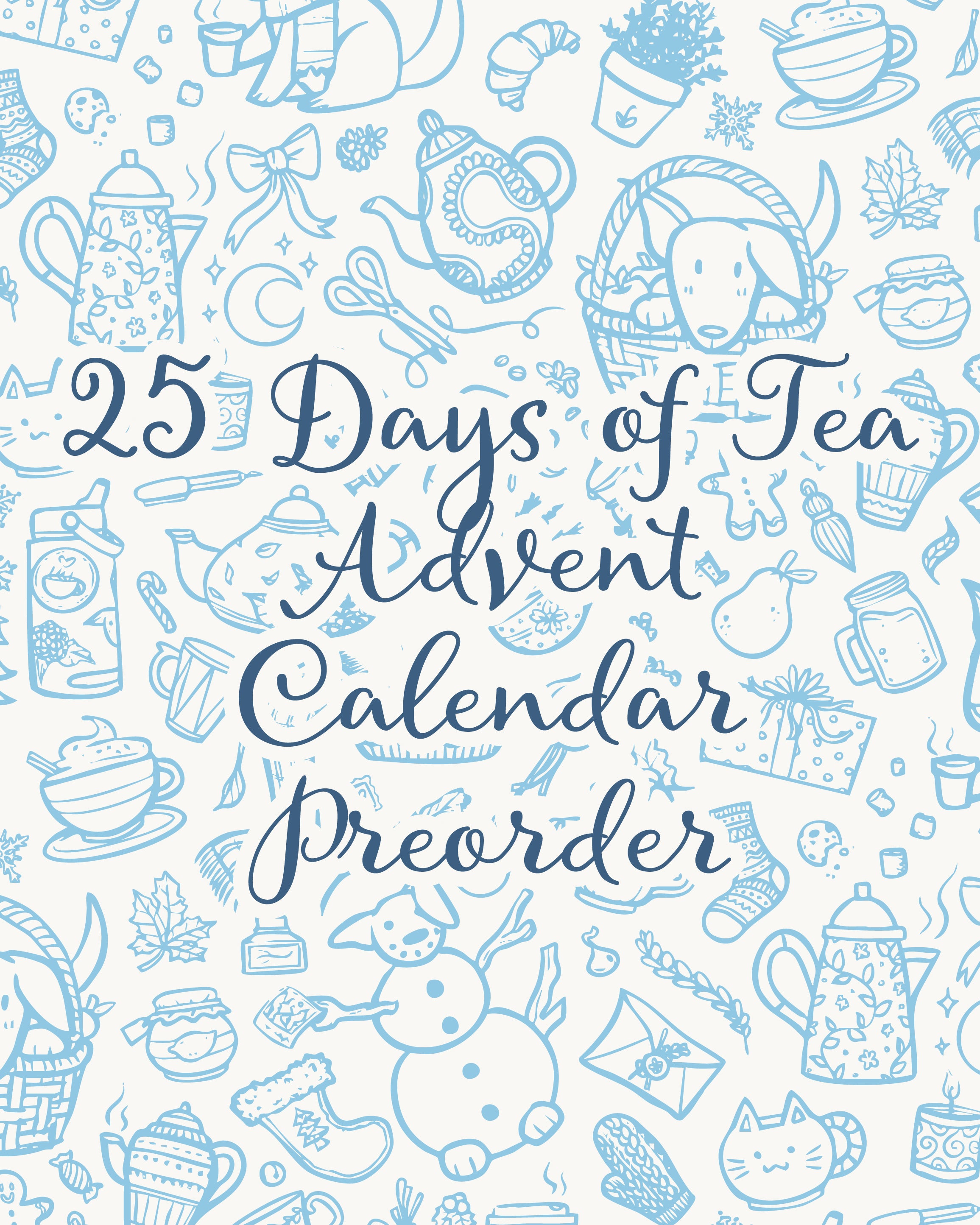Advent calendar preorder with tea-themed illustrations on a light blue background