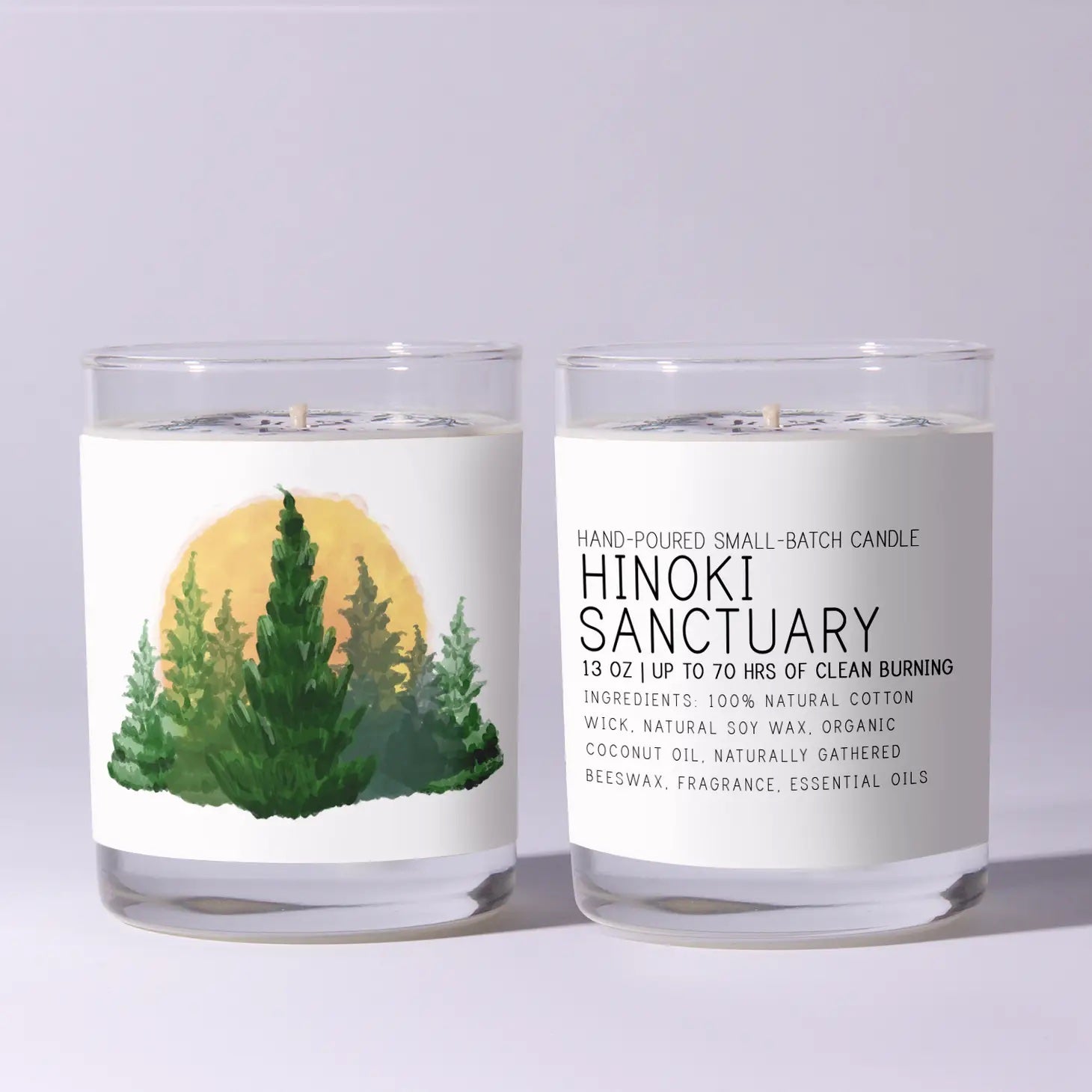 Two candles labeled 'Hinoki Sanctuary' with a nature-themed label on a light gray background.