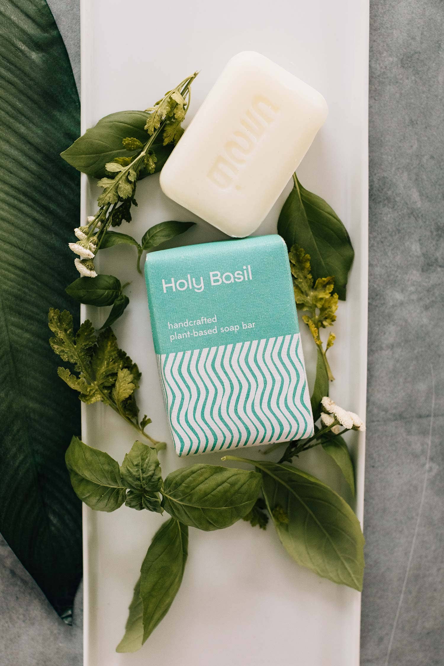 'Holy Basil' bar of soap on a white tray with green leaves.