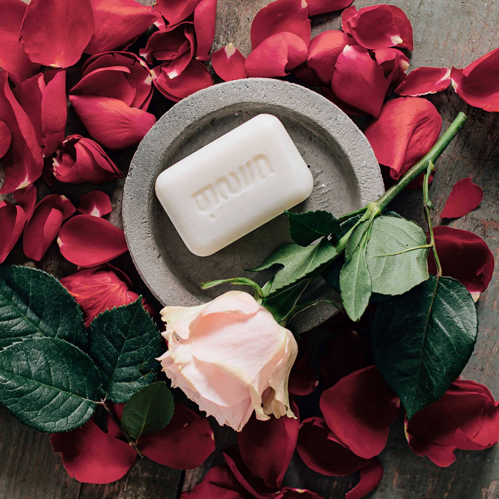 Bar of soap in a concrete dish surrounded by red rose petals and green leaves on a wooden surface.
