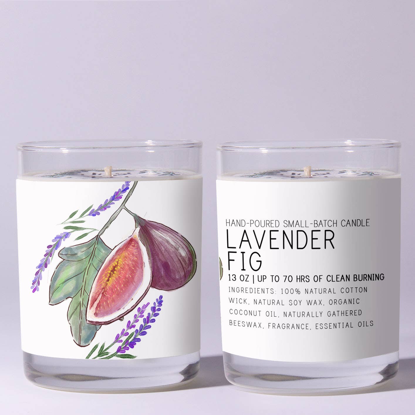 Two candles labeled 'Lavender Fig' with botanical illustrations on a light gray background