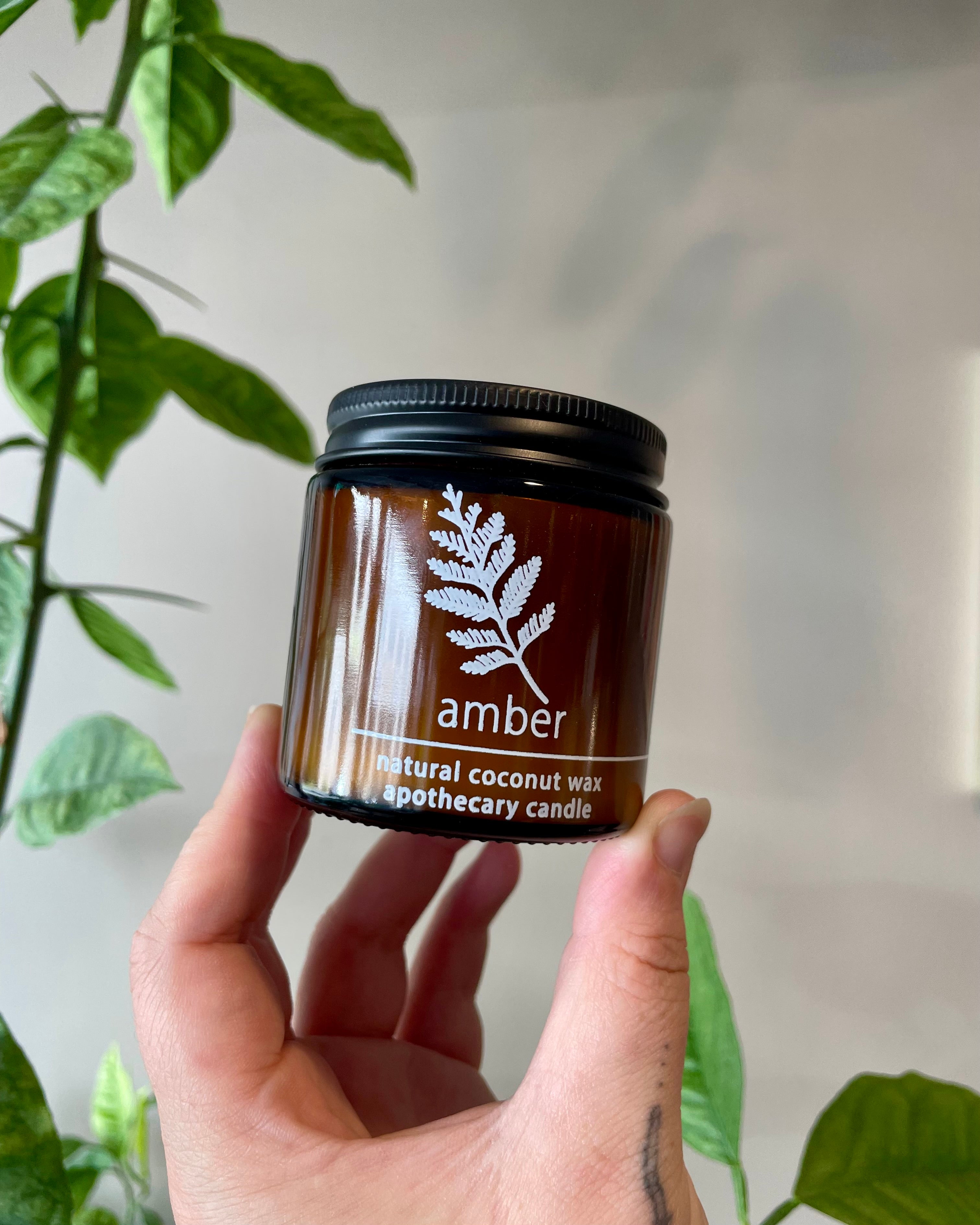 Hand holding an amber glass jar candle with a plant in the background