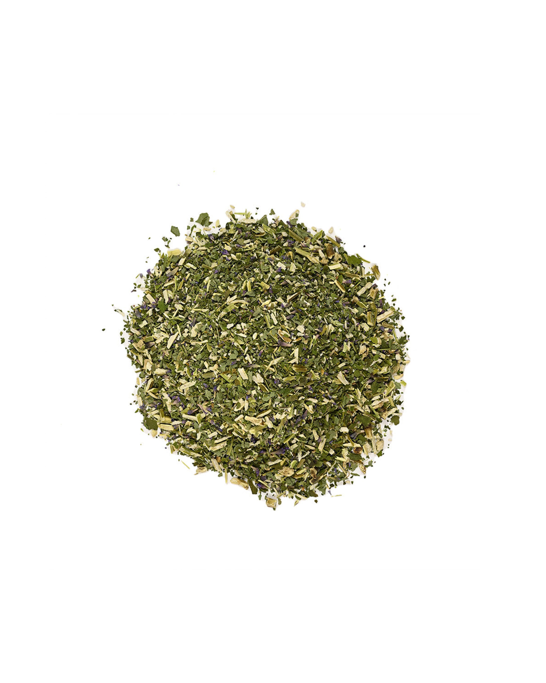 Pile of dried green herbs on a white background
