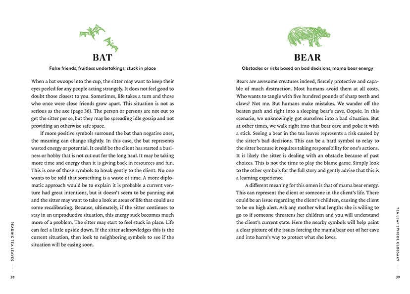 Two pages from a book with text and illustrations of a bat and a bear.