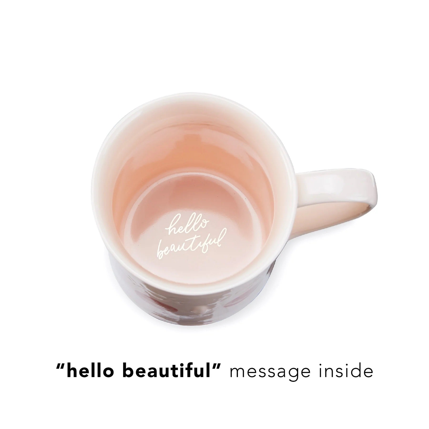 White mug with 'hello beautiful' message inside on a white background