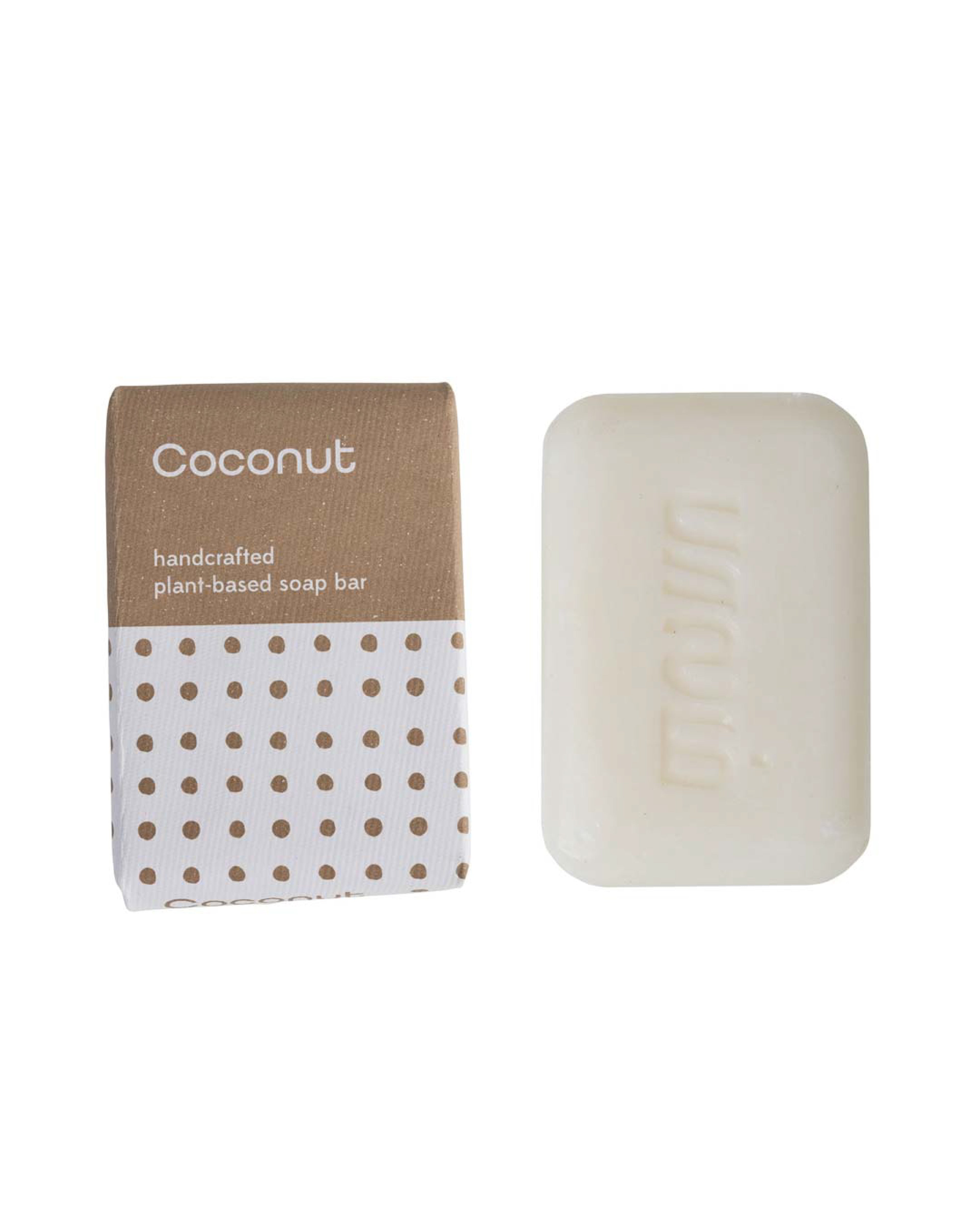 Handcrafted coconut soap bar with packaging on a white background
