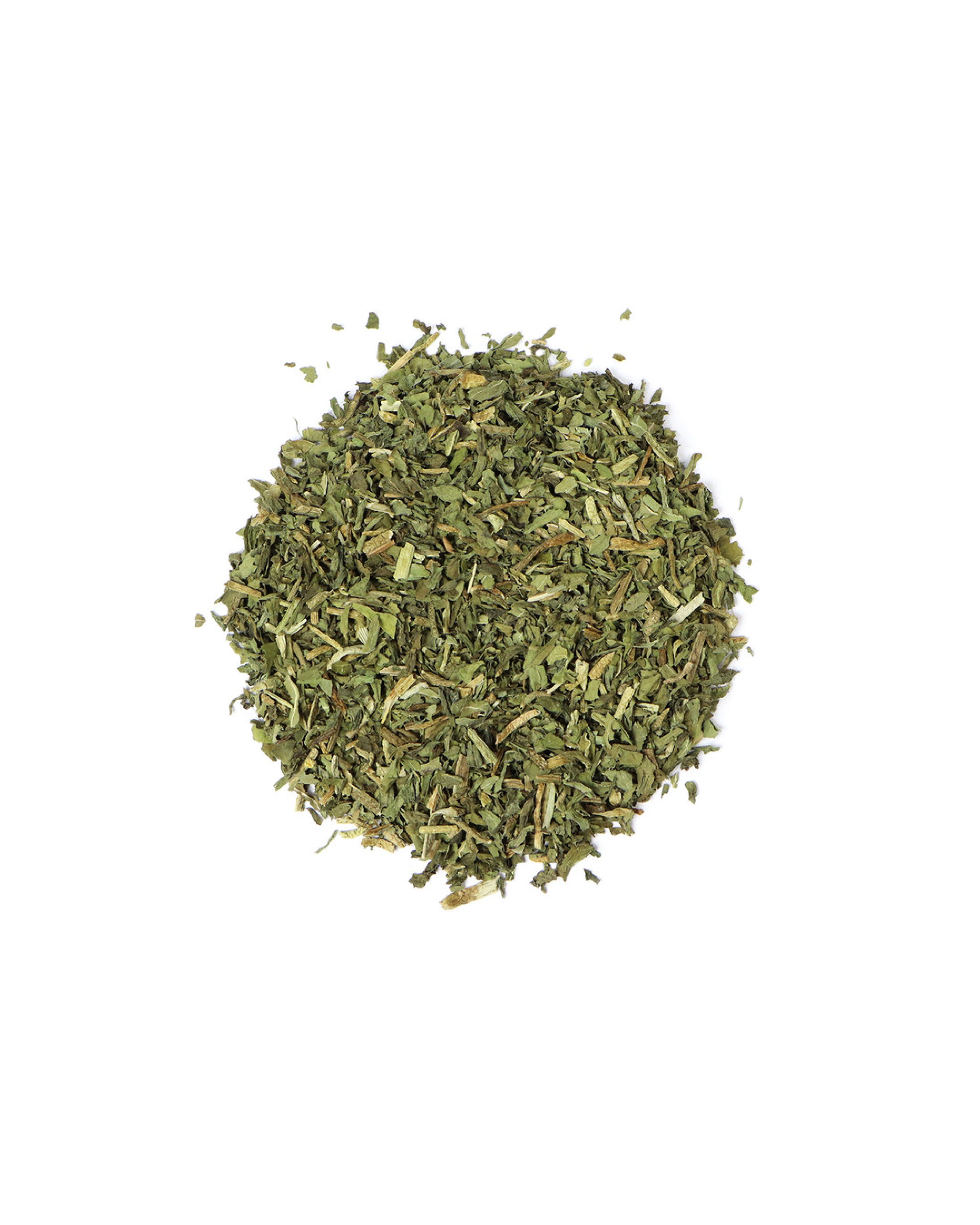 Dried green herbs on a white background