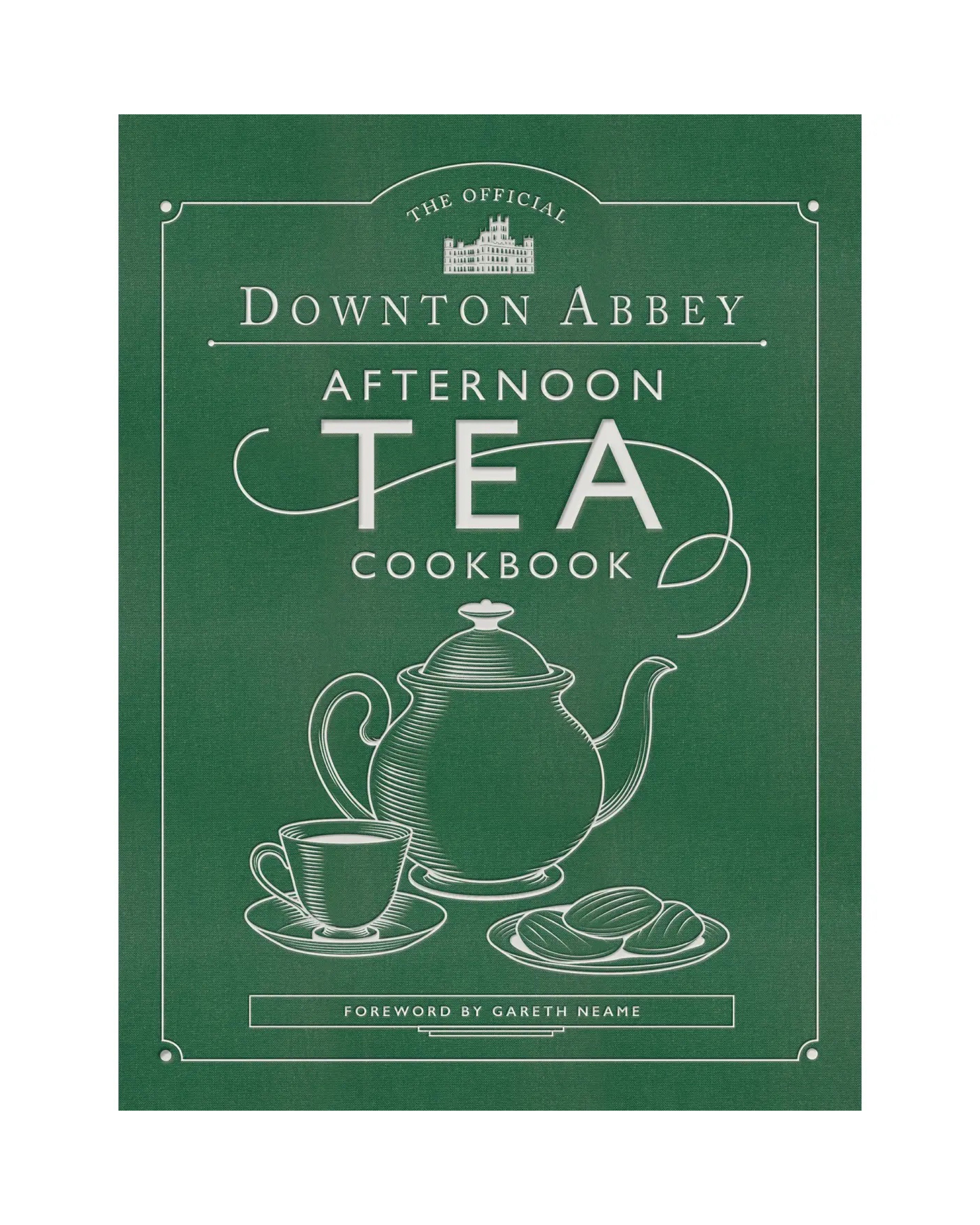 Green book cover of 'The Official Downton Abbey Afternoon Tea Cookbook' with teapot and cup illustration.