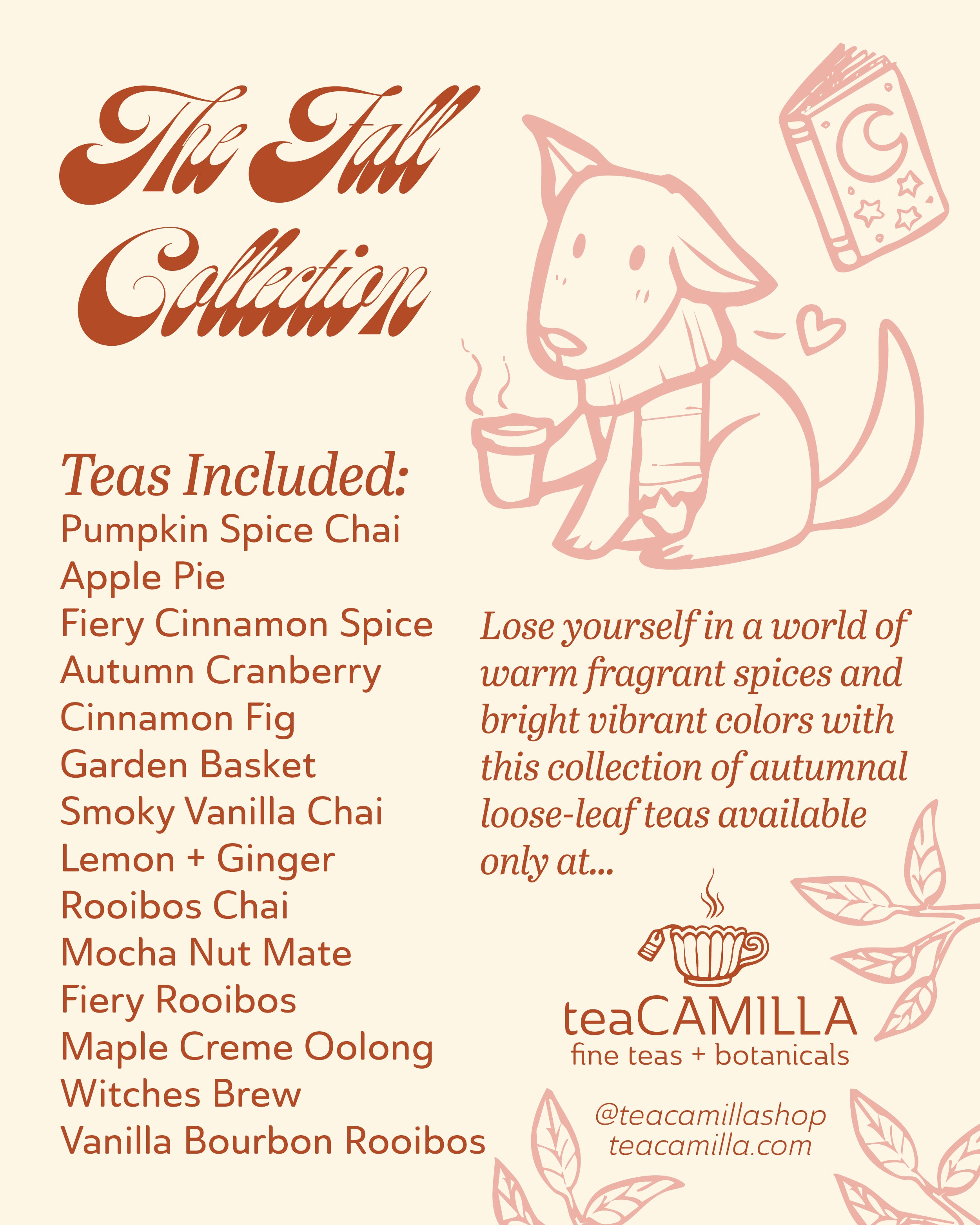 Tea collection flyer with dog illustration and tea names on a beige background