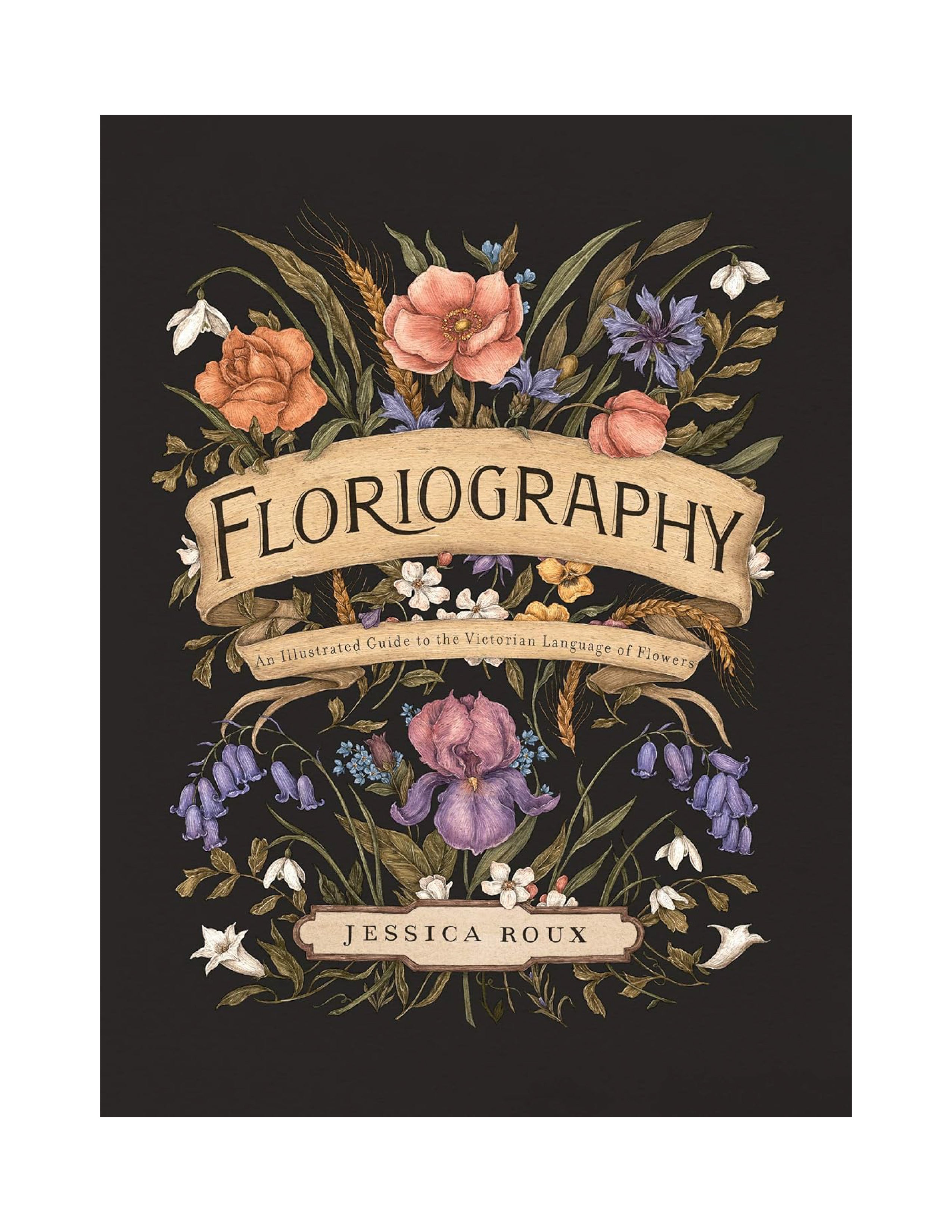 Book cover of 'Floriography' with floral design and text on a black background