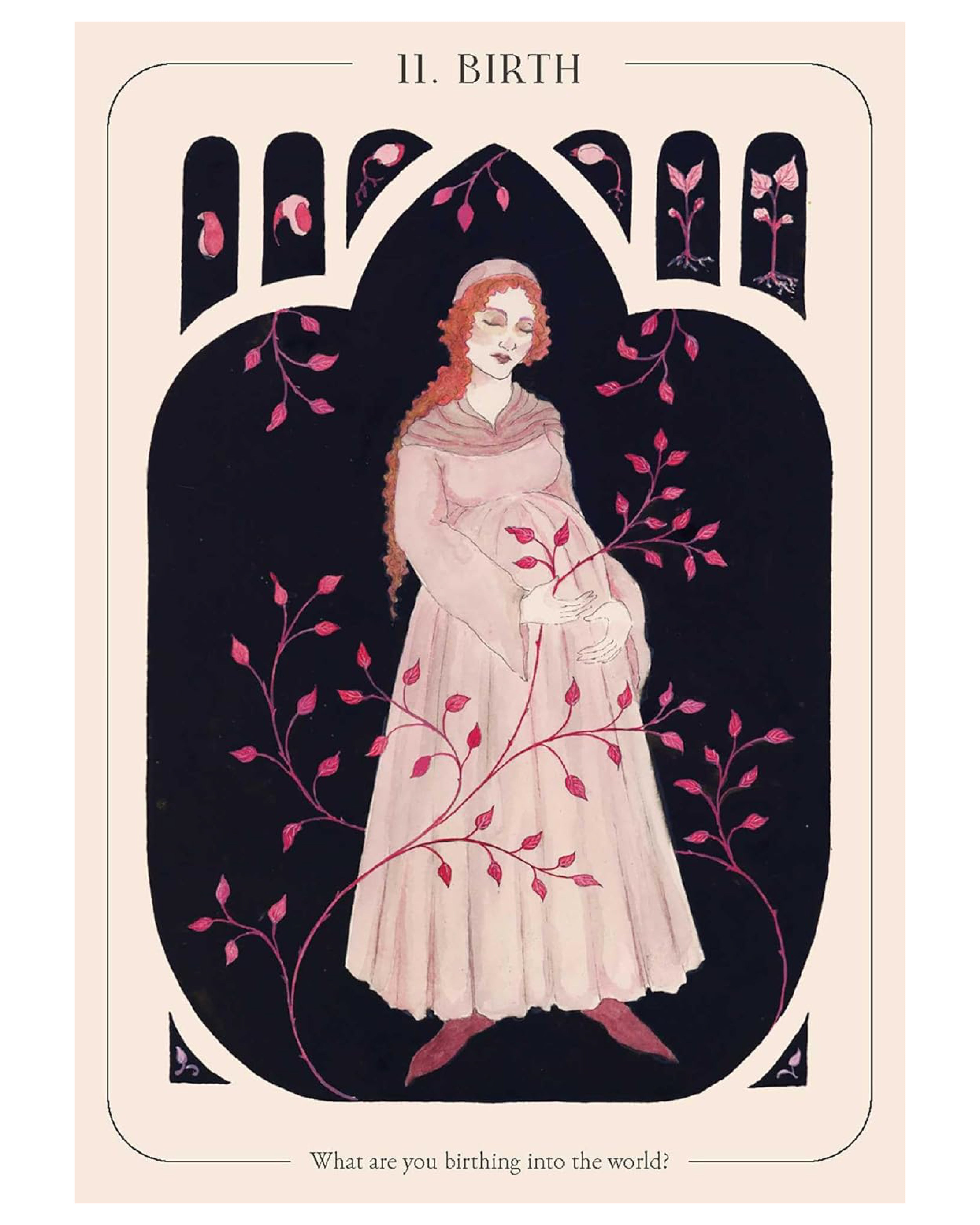 Artistic depiction of a woman in a long dress with pink leaves and flowers, titled 'Birth'.