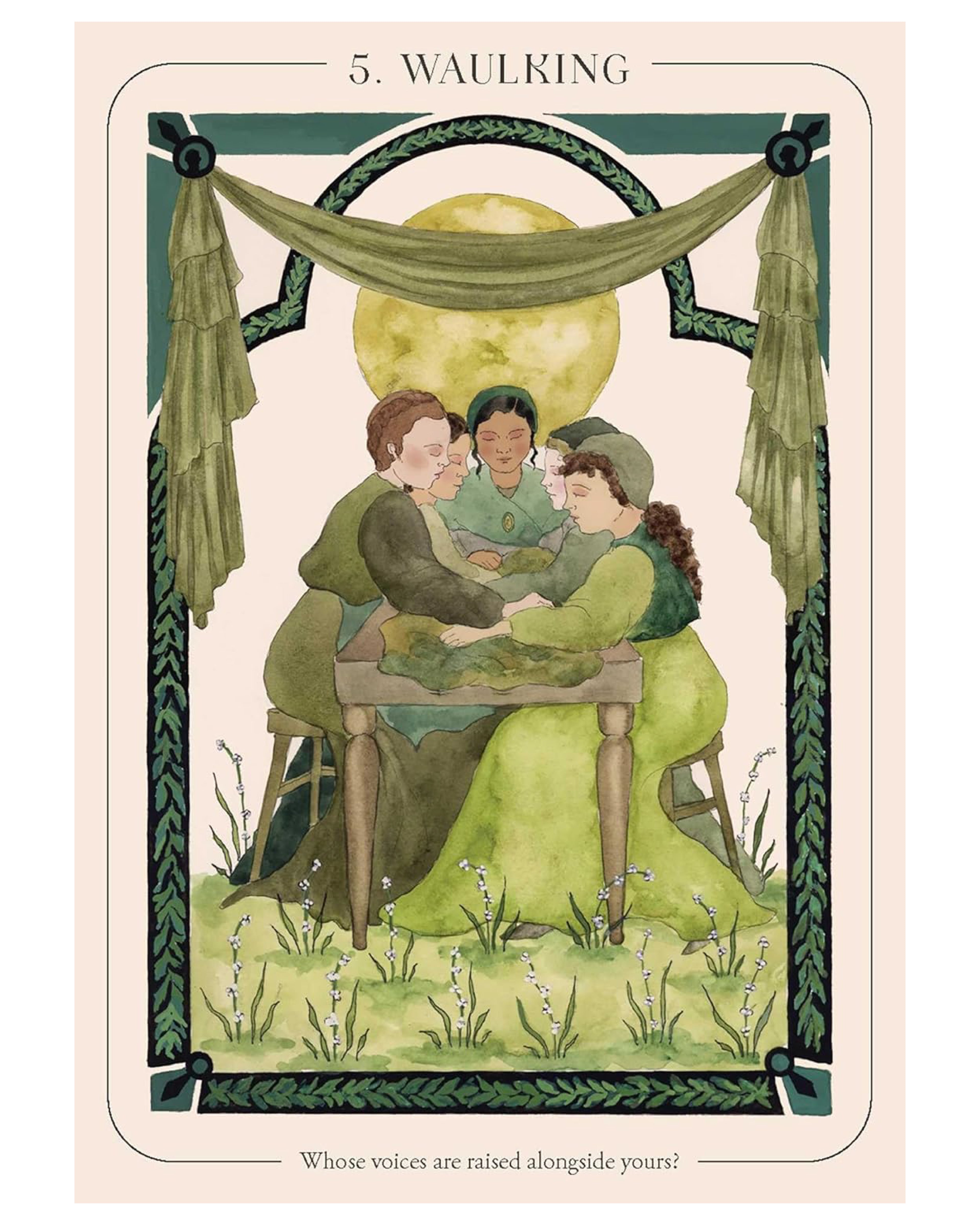 Illustration of three people sitting around a table with decorative elements and 'Waulking' text at the top.
