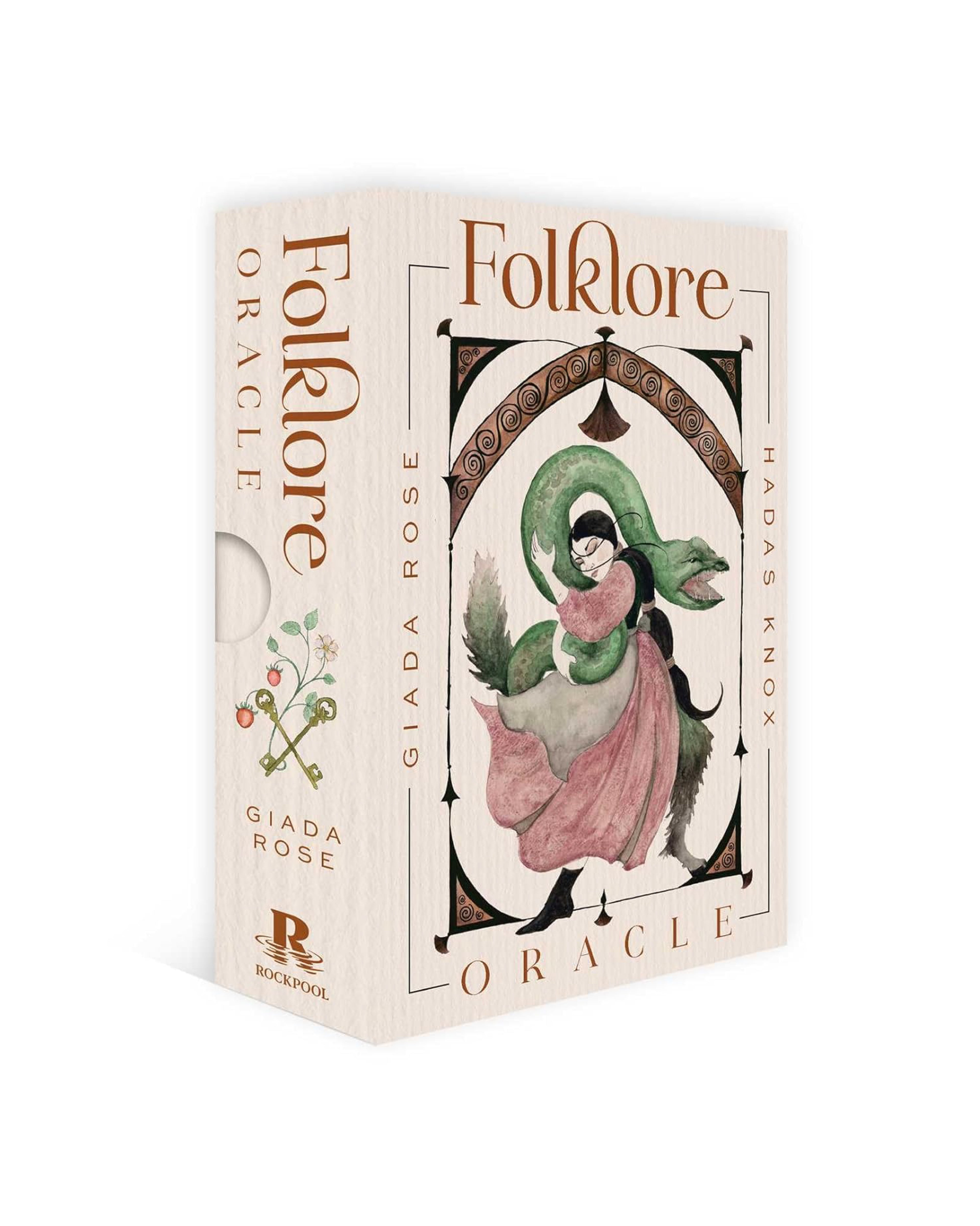 Folklore Oracle card box with illustration of a woman and green snake on a white background