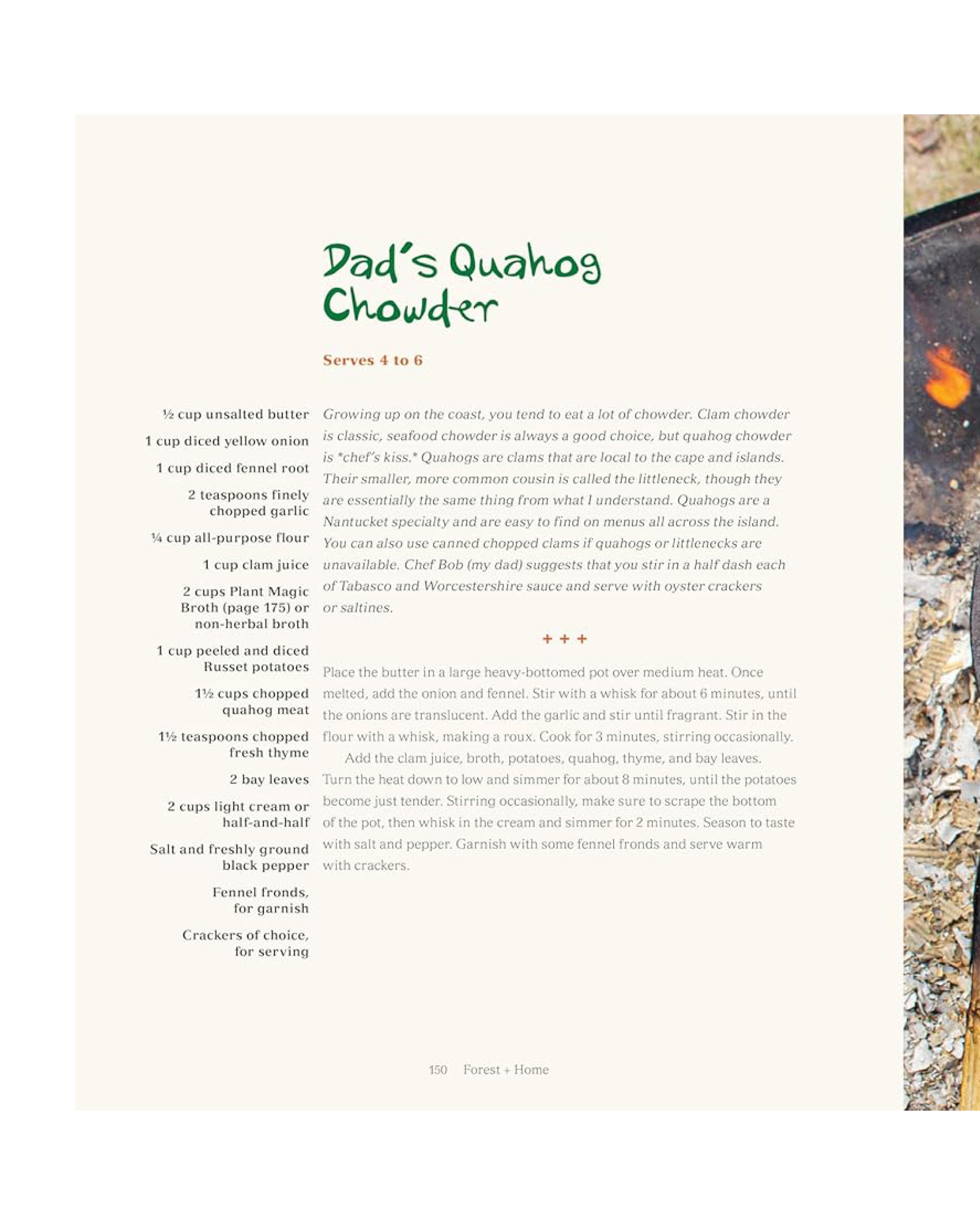 Recipe card for 'Dad's Quahog Chowder' with text and a scenic background.