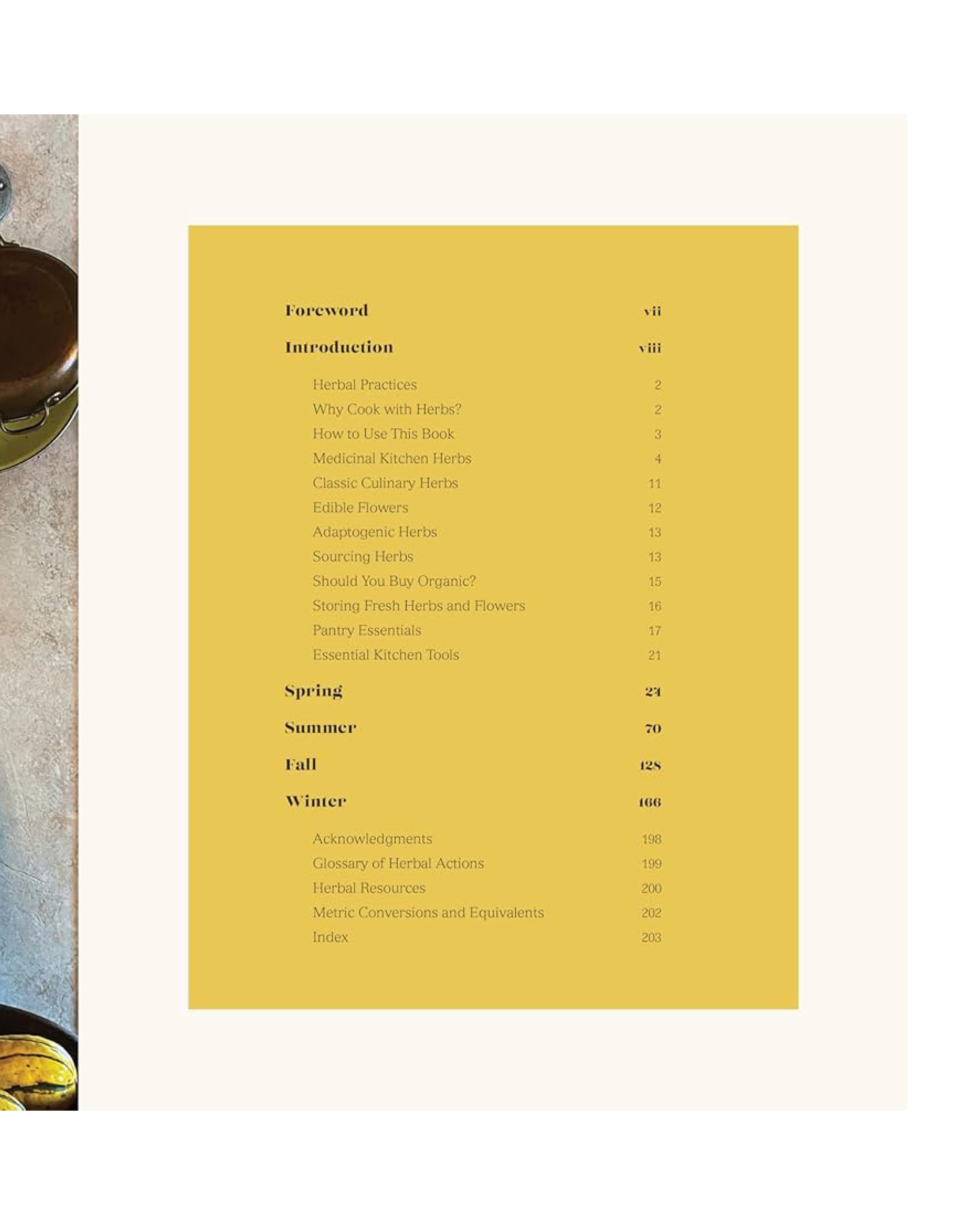 Table of contents page with a yellow background and black text