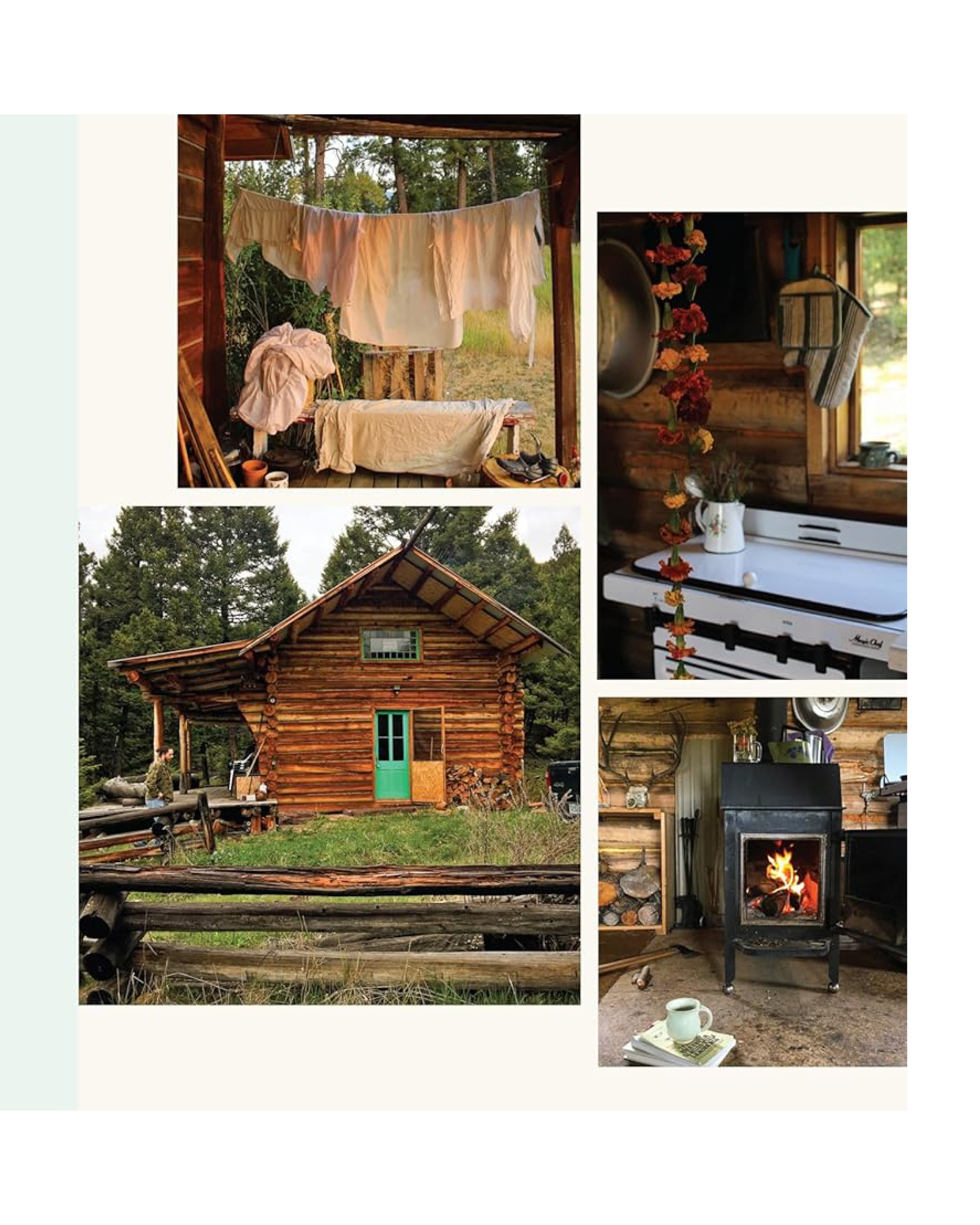 Collage of a rustic cabin scene with outdoor and indoor elements.