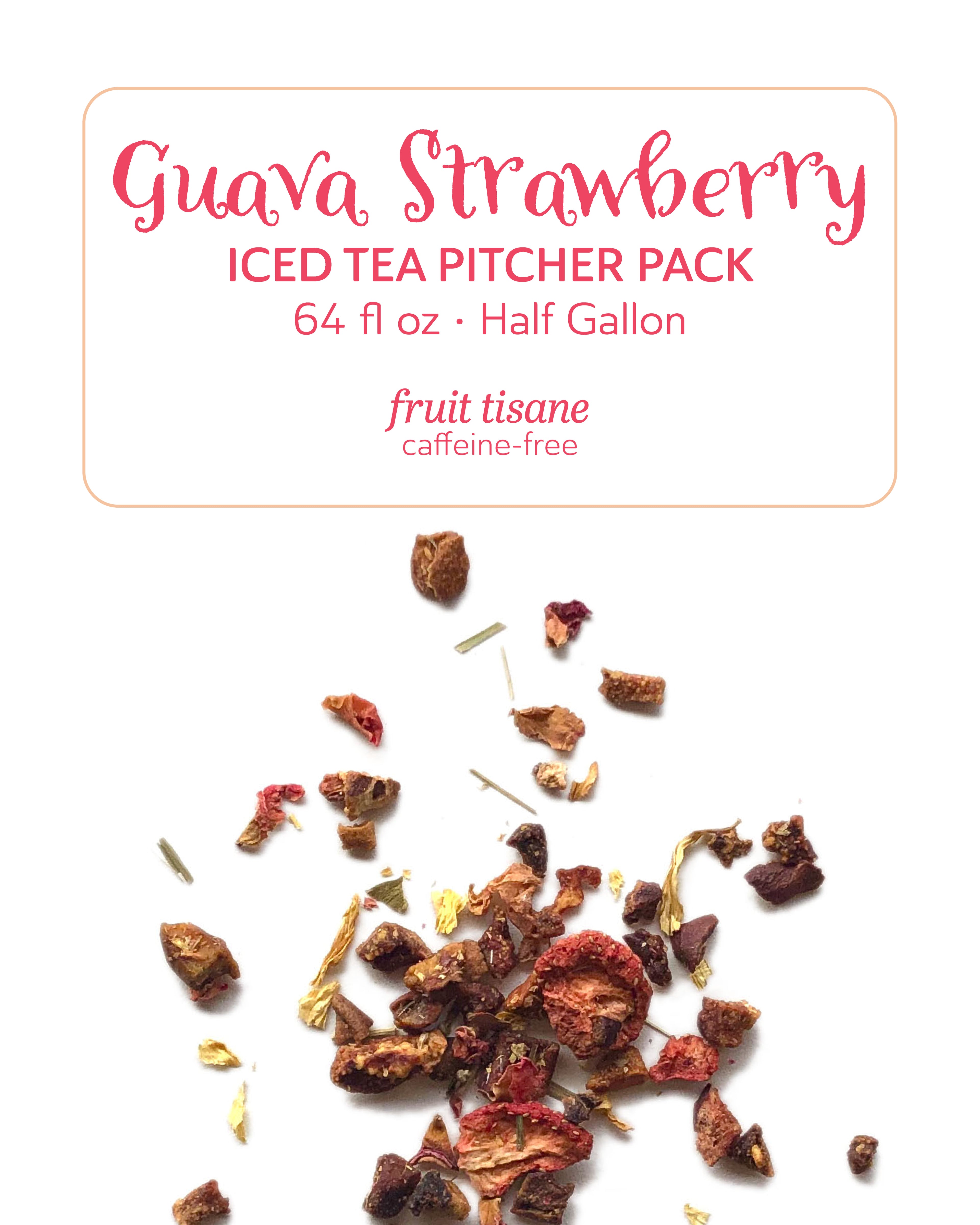 Guava Strawberry iced tea pitcher pack with dried tea leaves on a white background