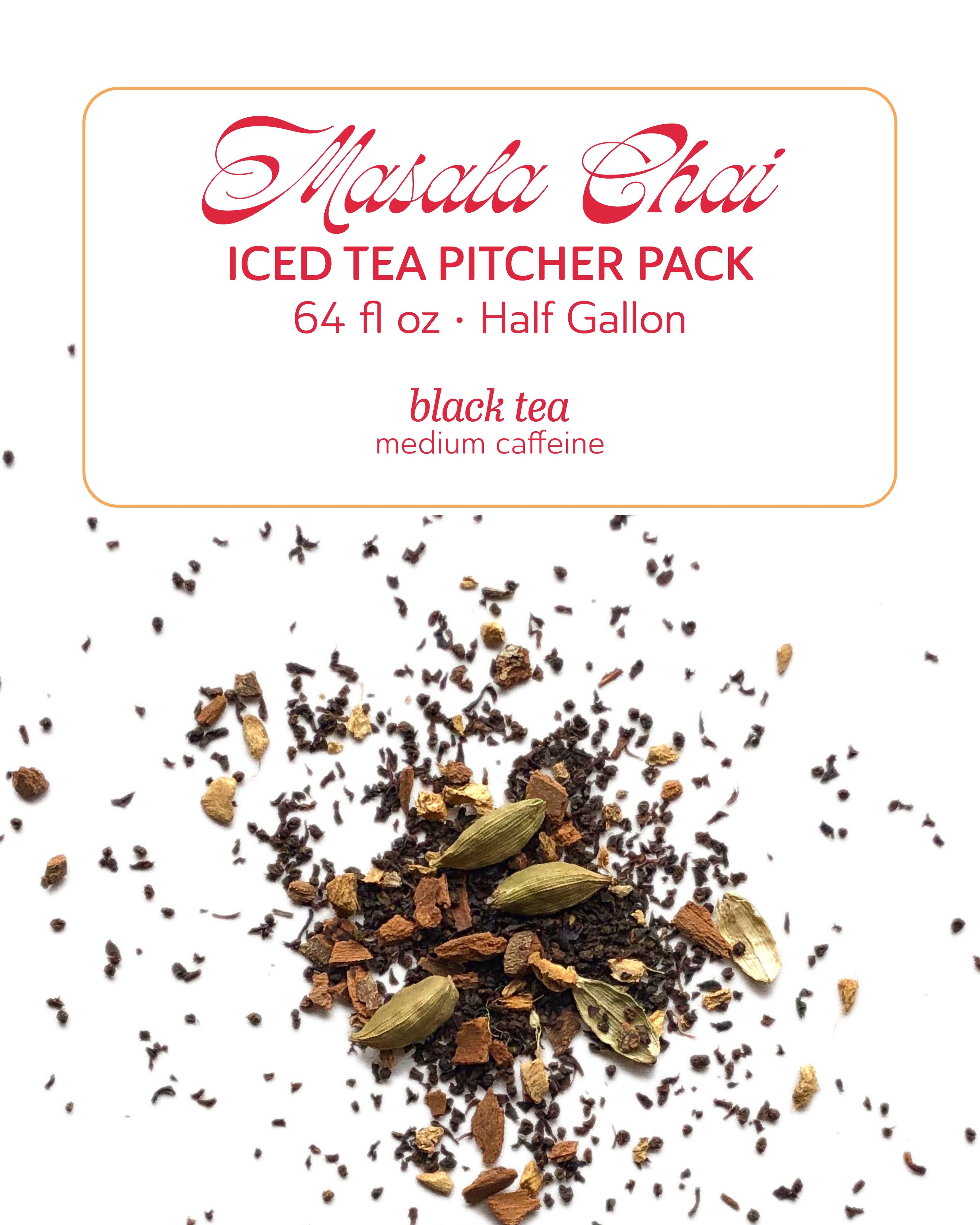 Masala Chai iced tea pitcher pack with tea leaves on a white background