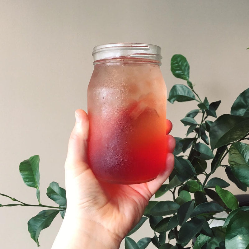 Hand holding a jar of iced tea with green leaves in the background