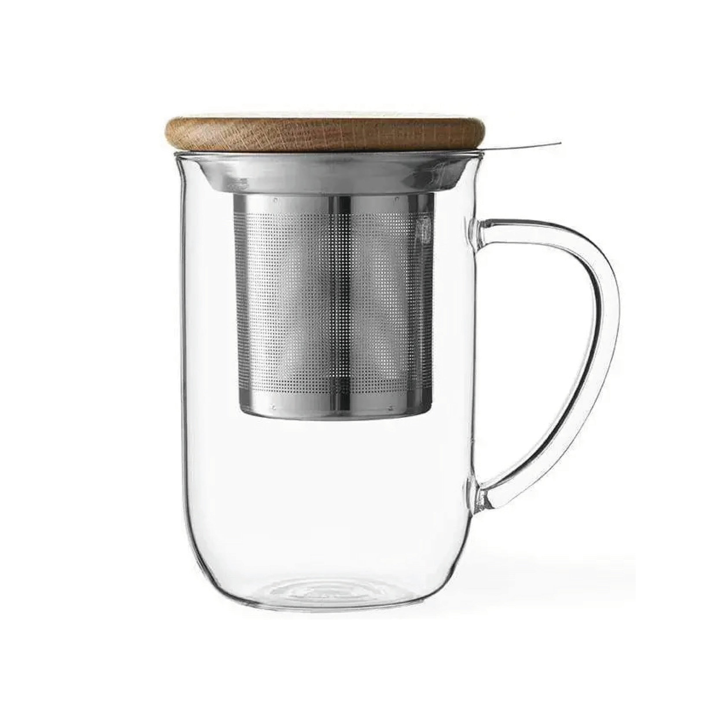 Clear glass mug with wooden lid and metal filter on a white background