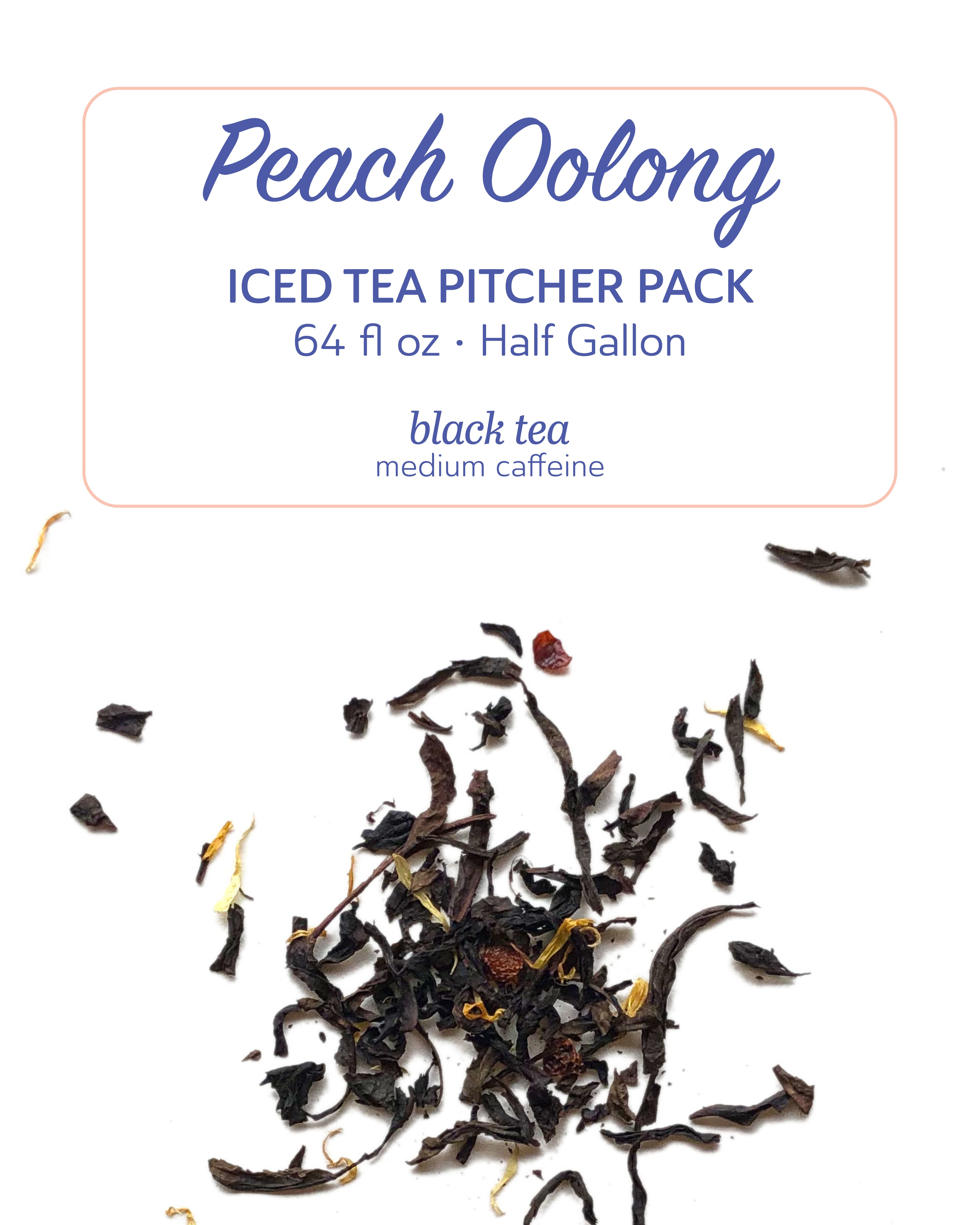 Peach Oolong iced tea pitcher pack with tea leaves on a white background