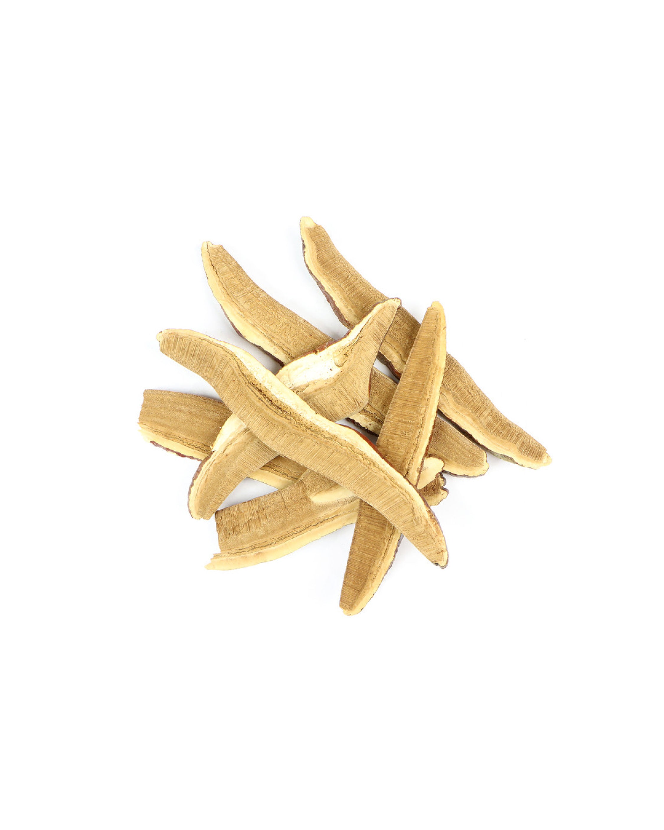 Dried mushroom slices on a white background