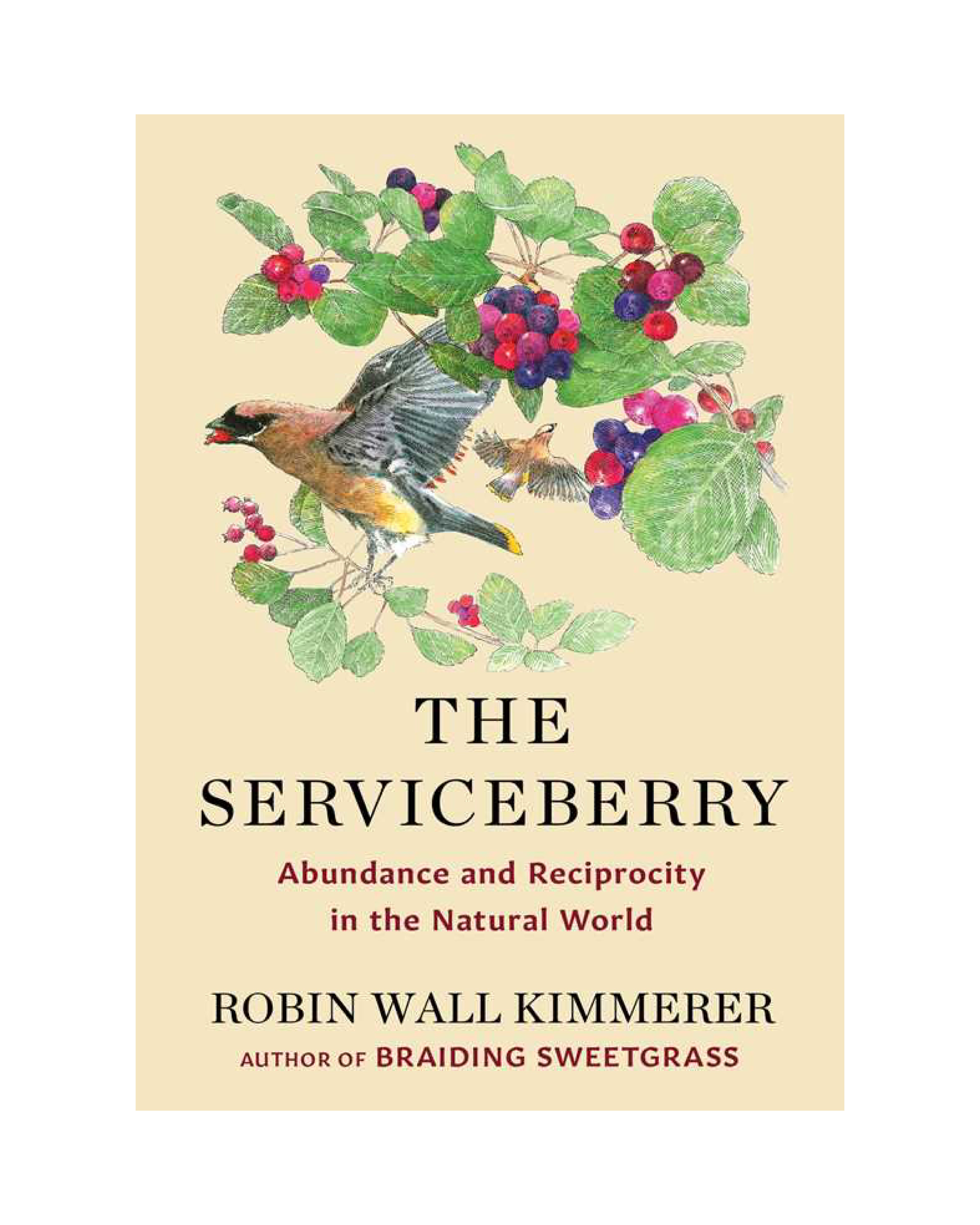 Book cover of 'The Serviceberry' with a bird and berries on a beige background