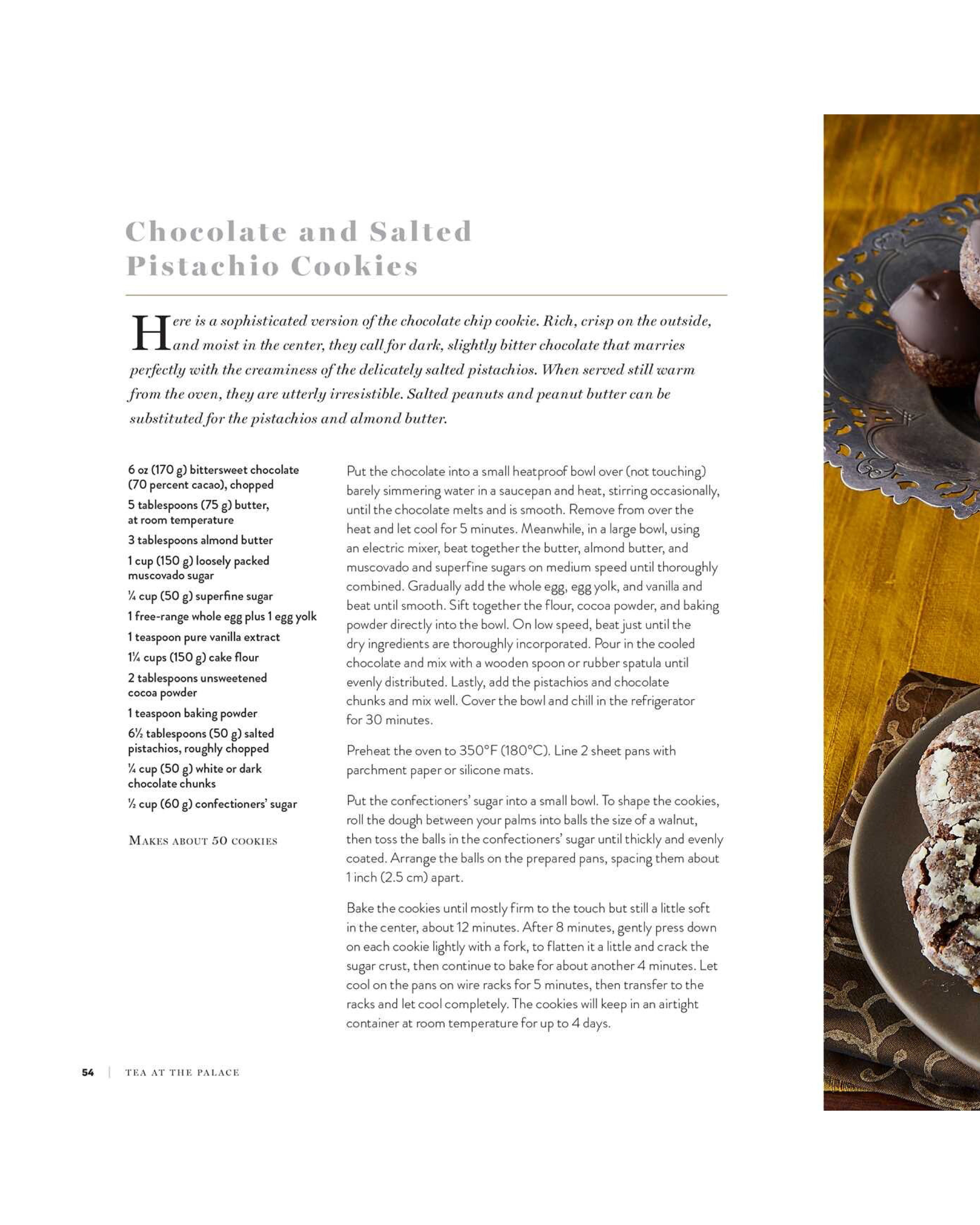 Recipe for chocolate and salted pistachio cookies with a photo of the cookies on a plate.