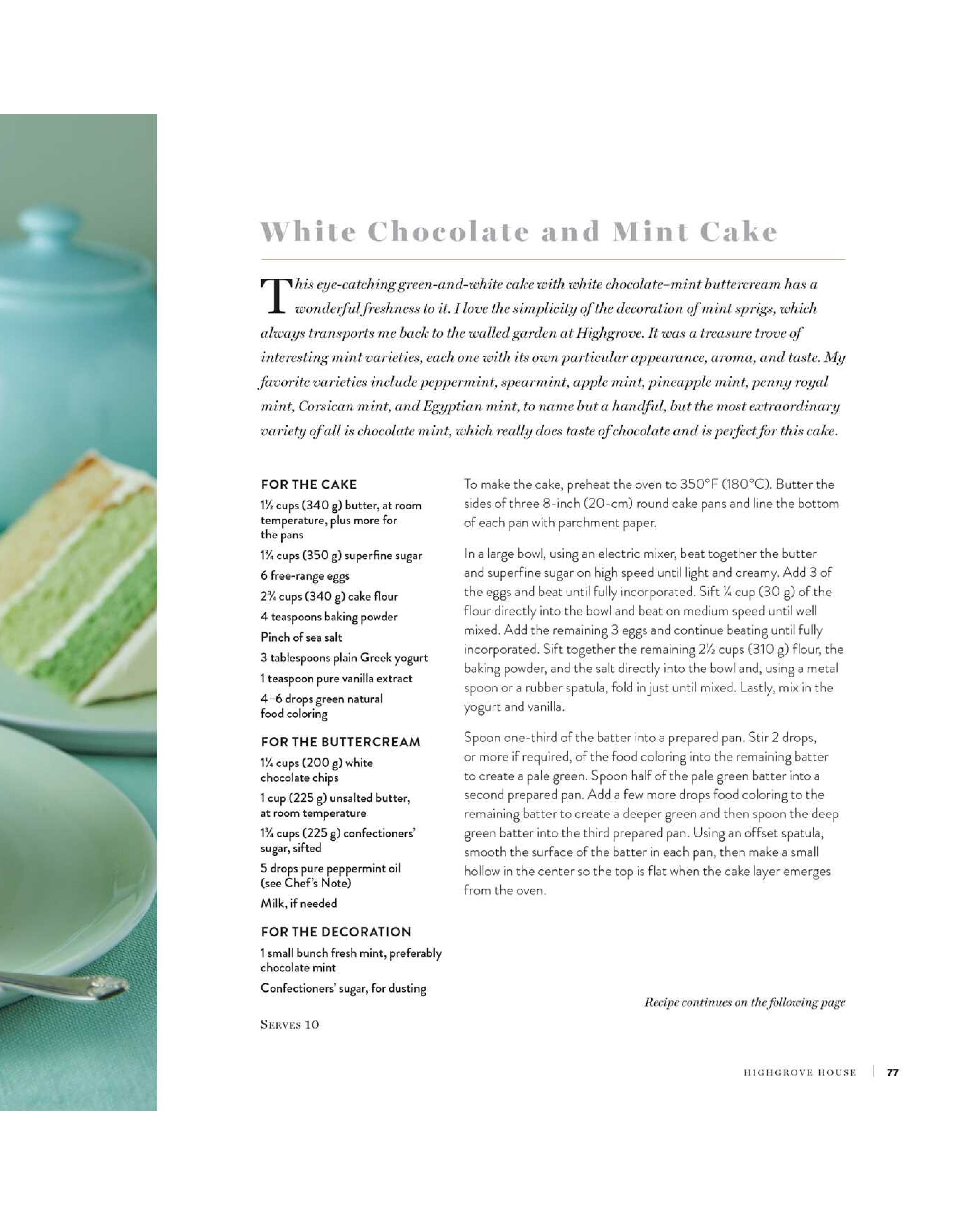 Page from a cookbook featuring a recipe for White Chocolate and Mint Cake with an image of the cake on the left.