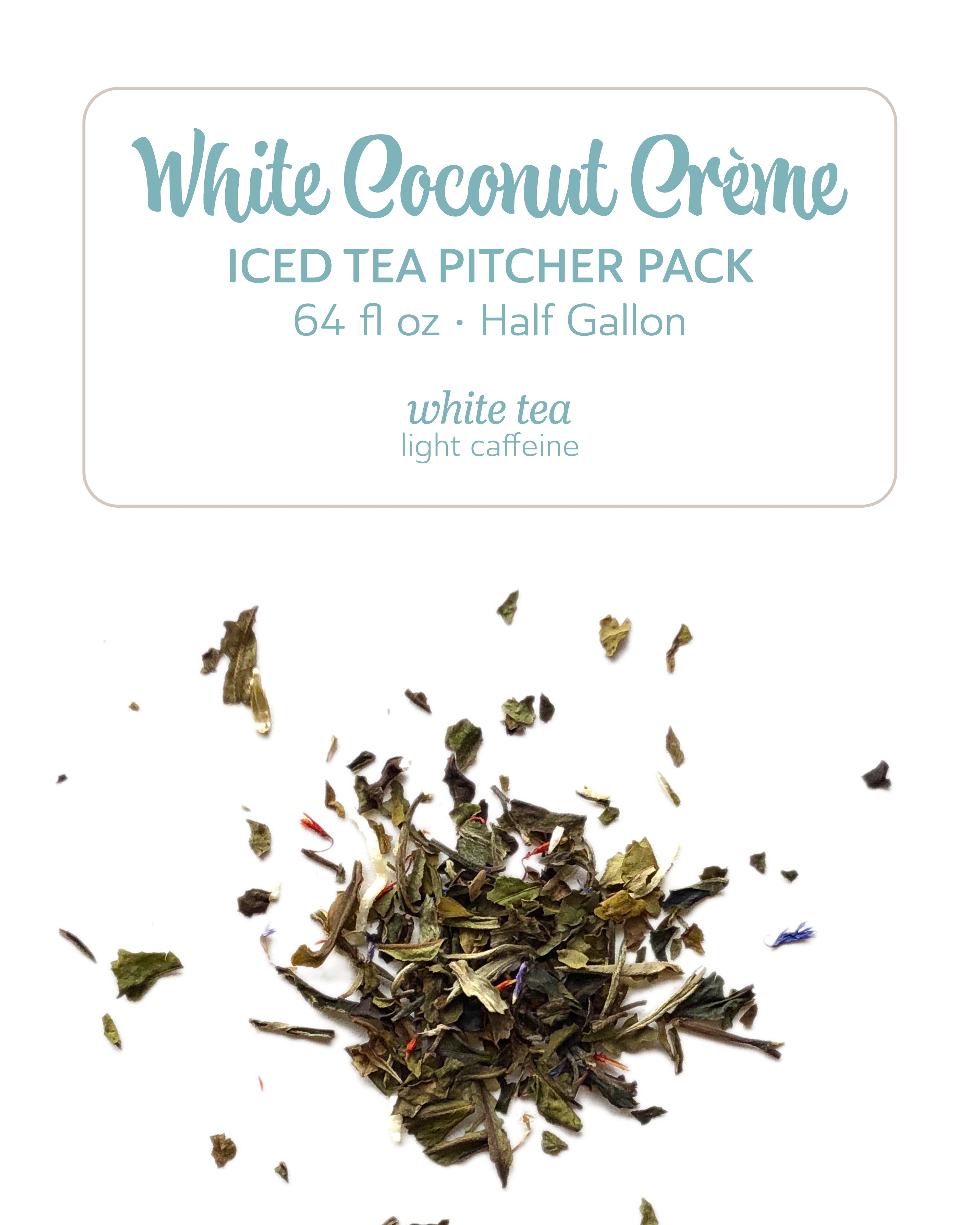 White Coconut Cèreme iced tea pitcher pack with white tea leaves on a white background
