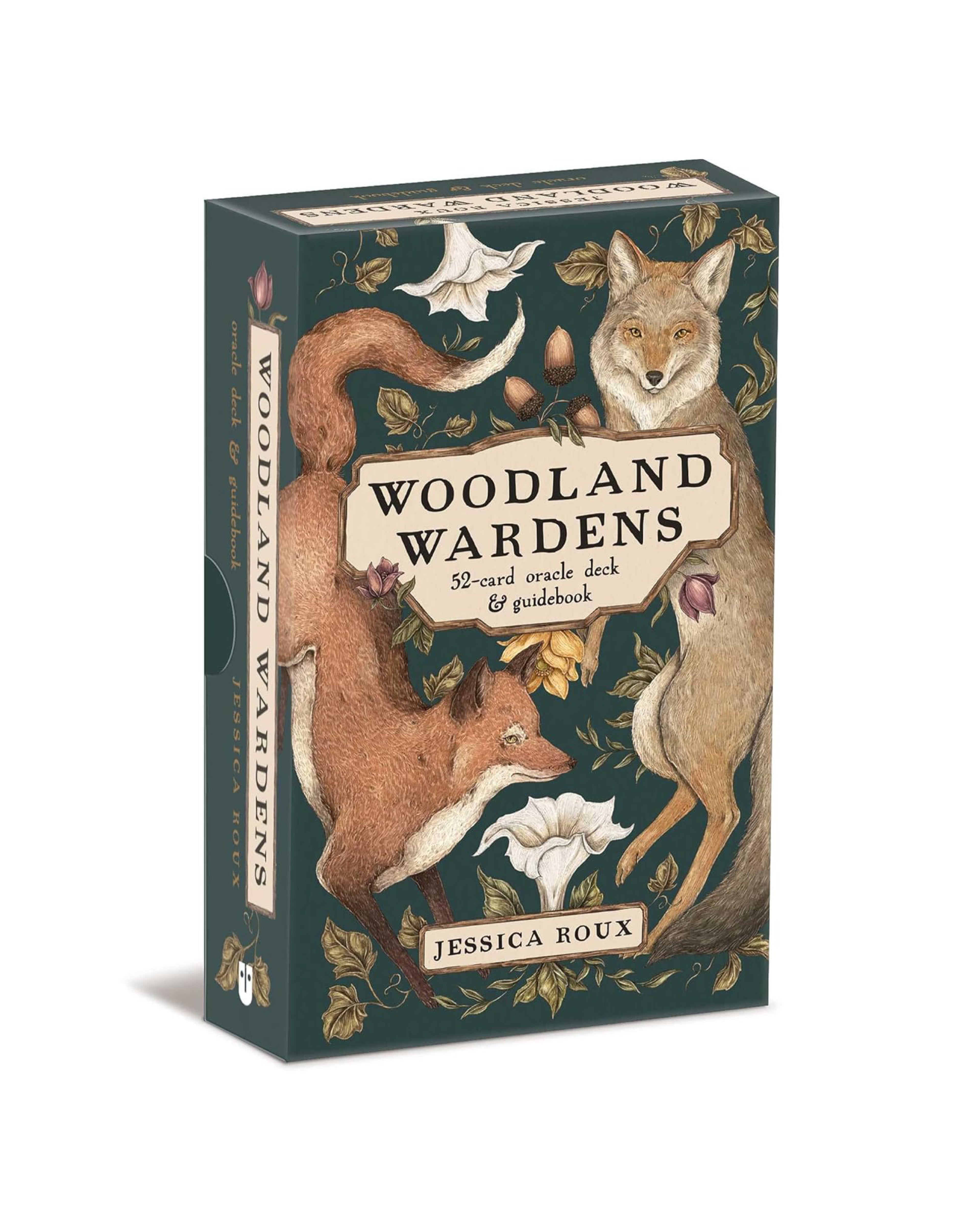 Box of 'Woodland Wardens' oracle deck with fox and owl illustrations on a white background