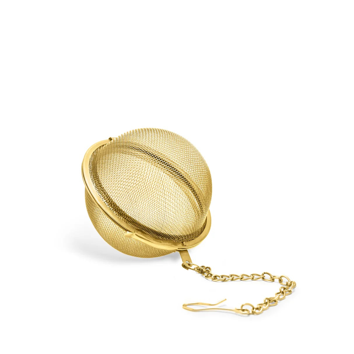 Gold metal tea ball with chain on a white background