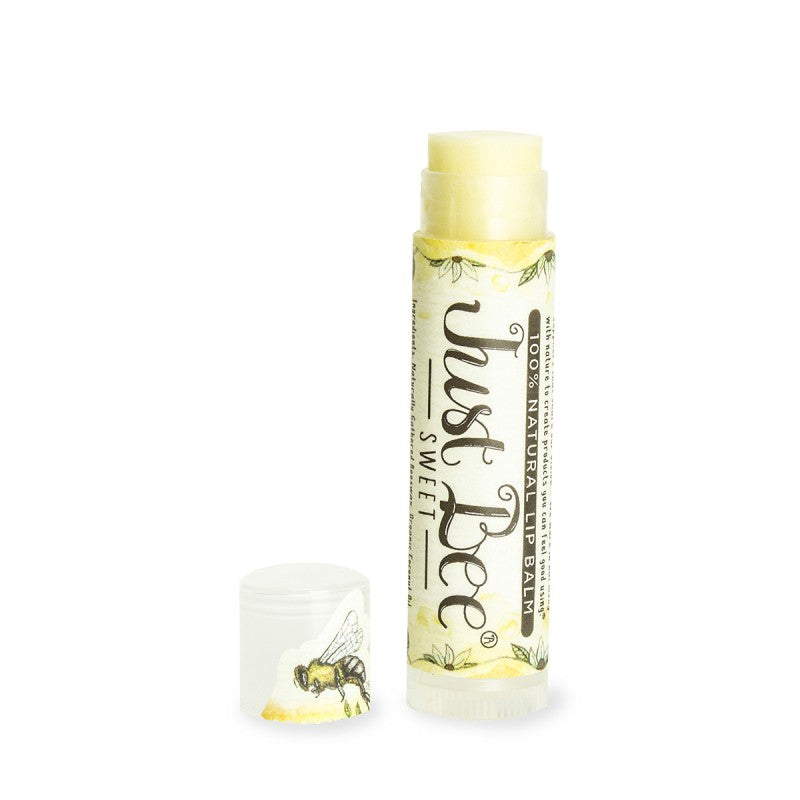 Lip balm with 'Just Bee' branding on a white background