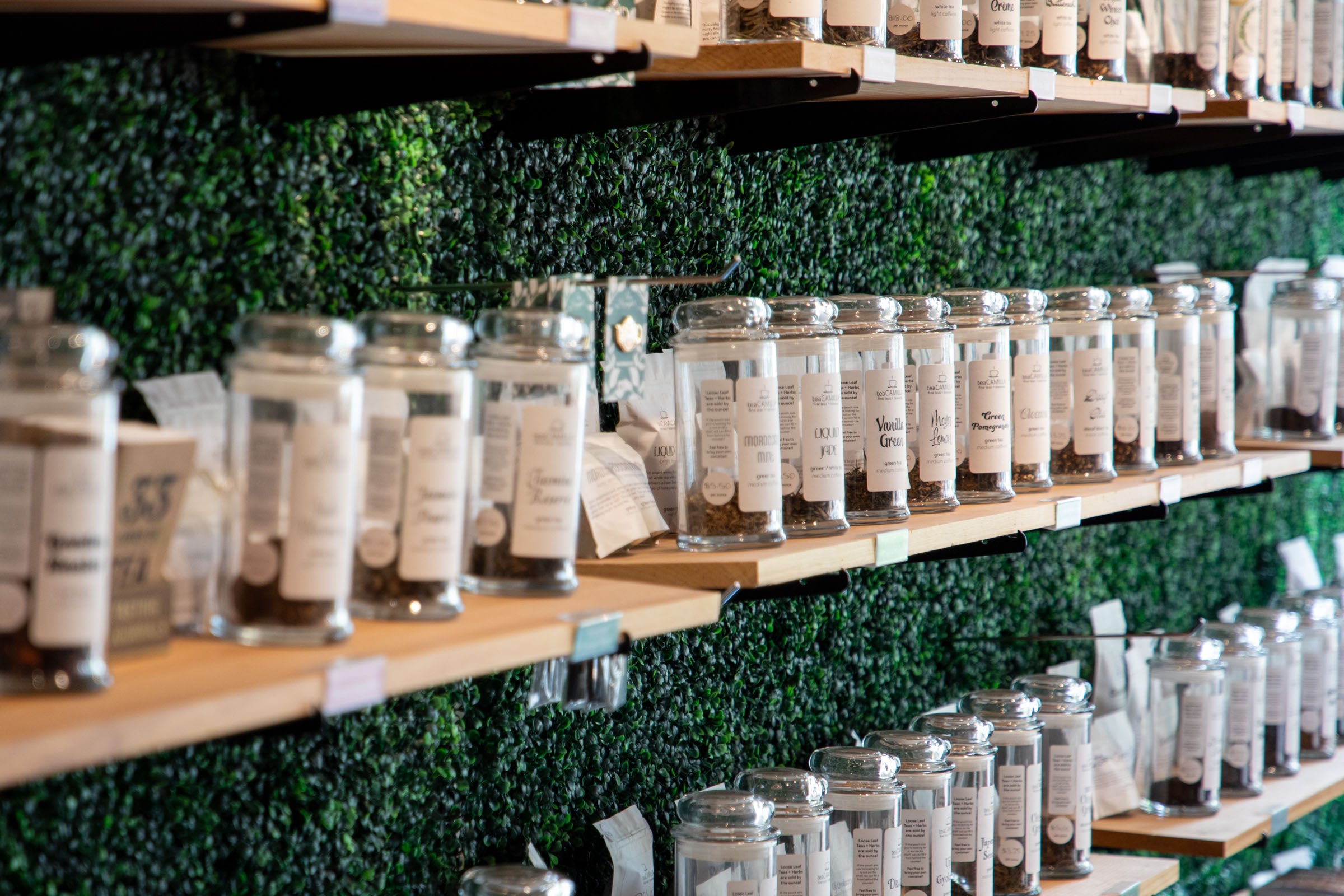 Shelves with glass jars of tea against a green leafy background