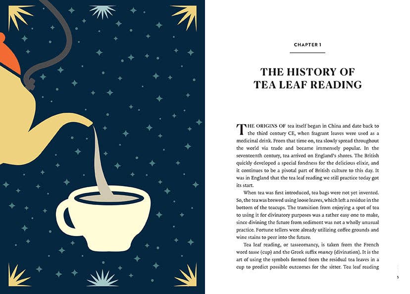Book page with illustration of a teapot and cup on a dark blue background, accompanied by text about tea leaf reading.