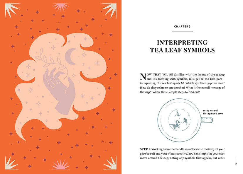 Book page with tea leaf symbols illustration and text on an orange background