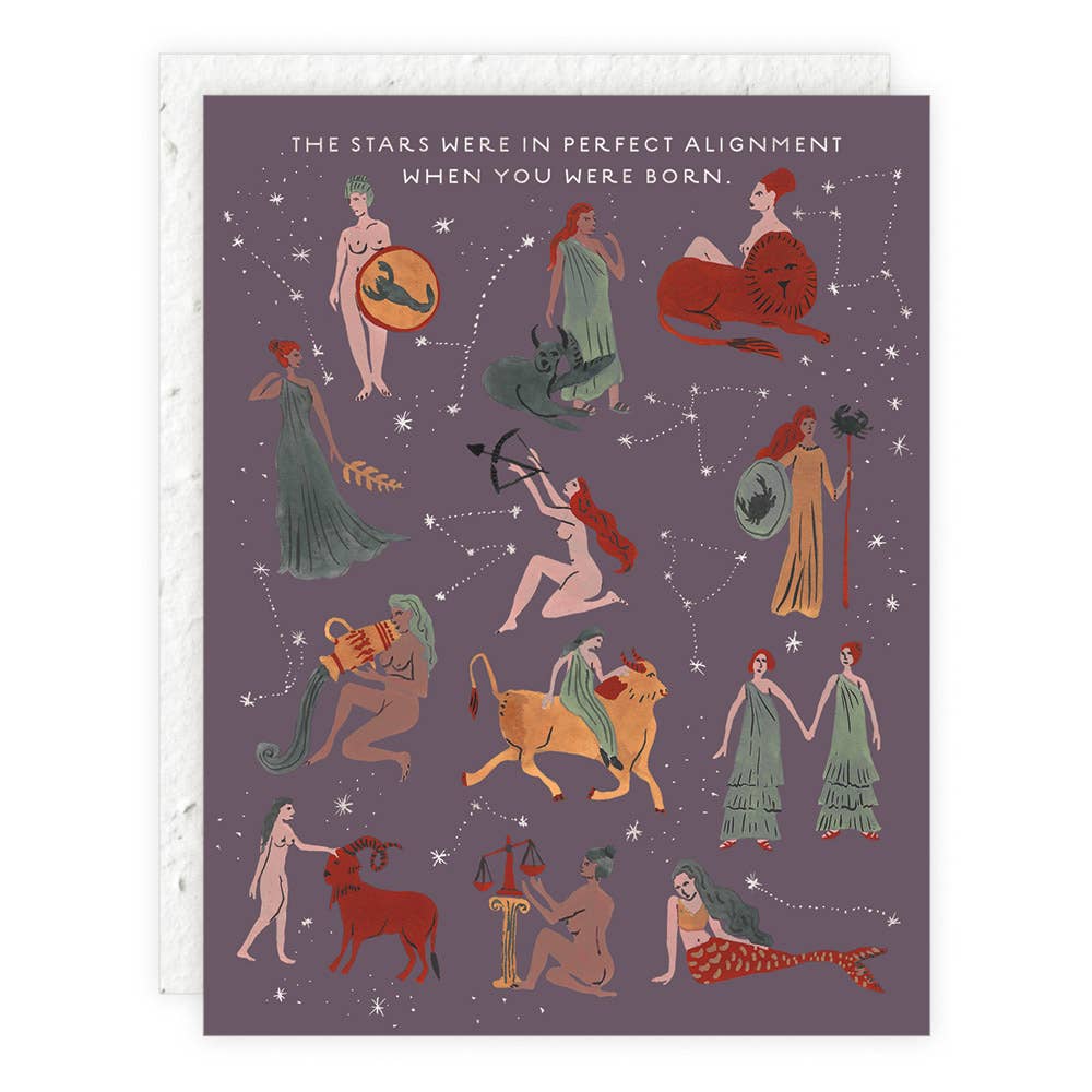 Card with astrology illustrations and text "The stars were in perfect alignment when you were born"