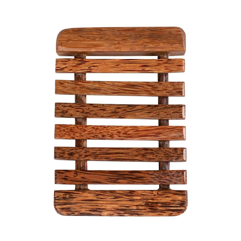 Wooden soap dish with a natural finish on a white background