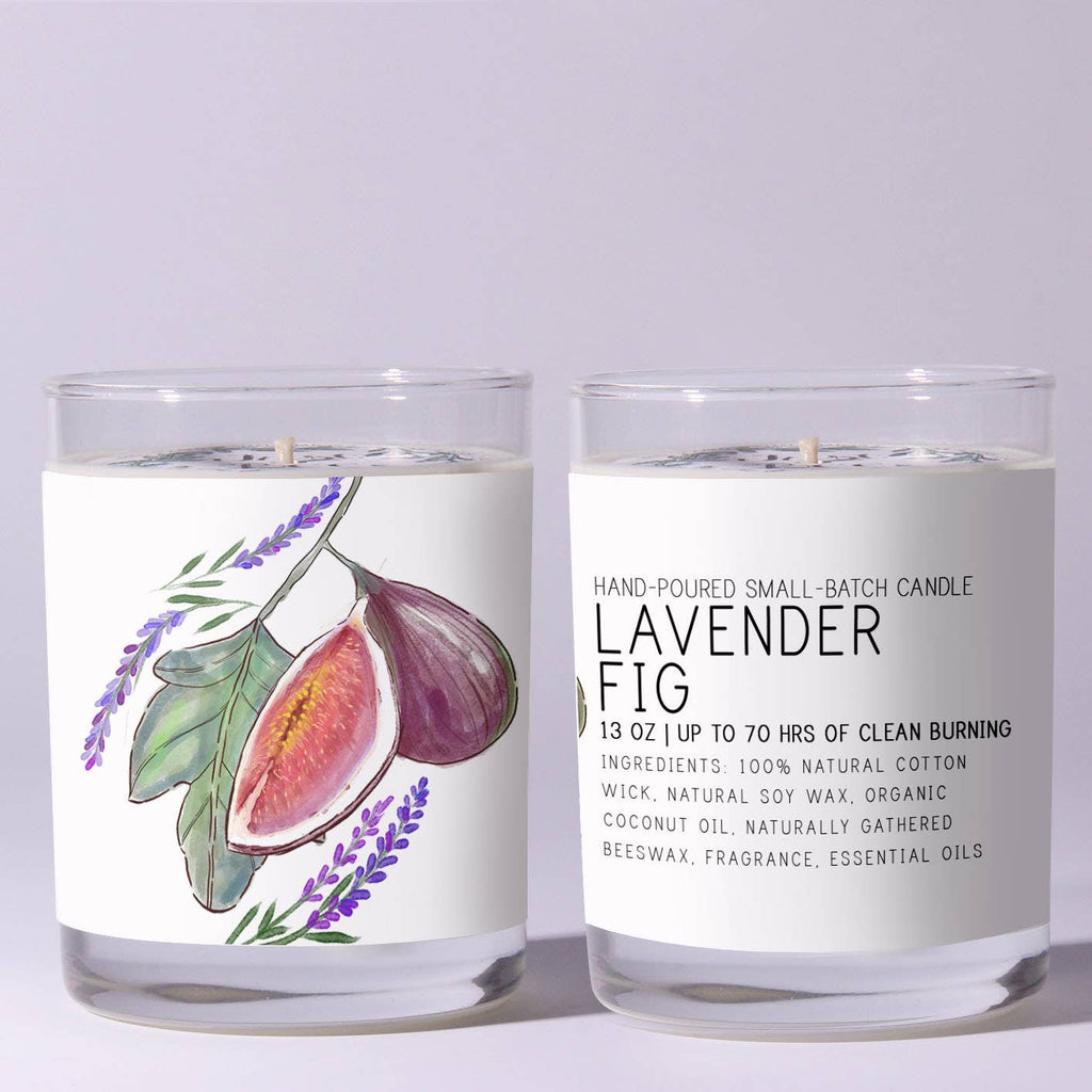 Two candles labeled 'Lavender Fig' with botanical illustrations on a light gray background