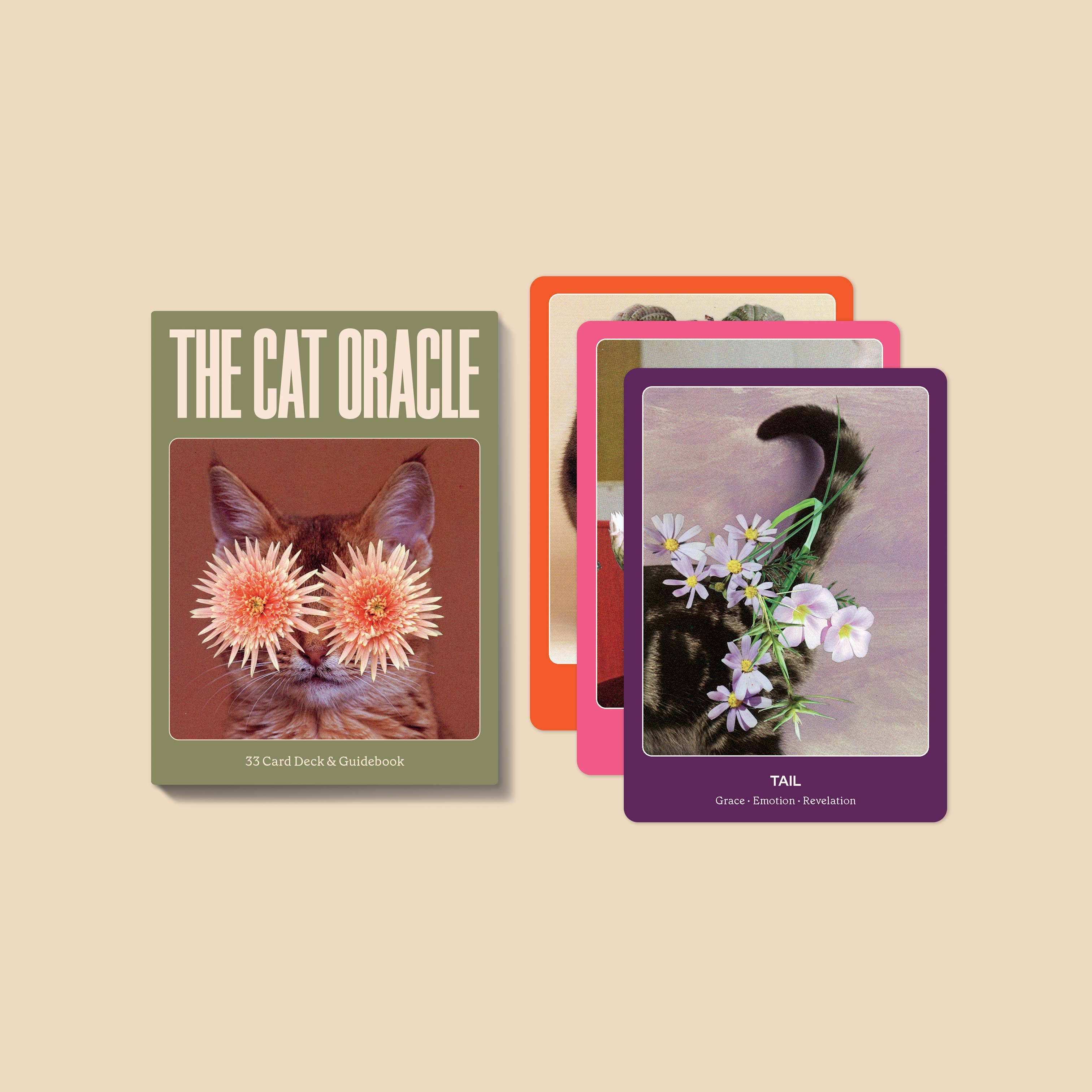 Cat-themed card set with 'The Cat Oracle' on a beige background