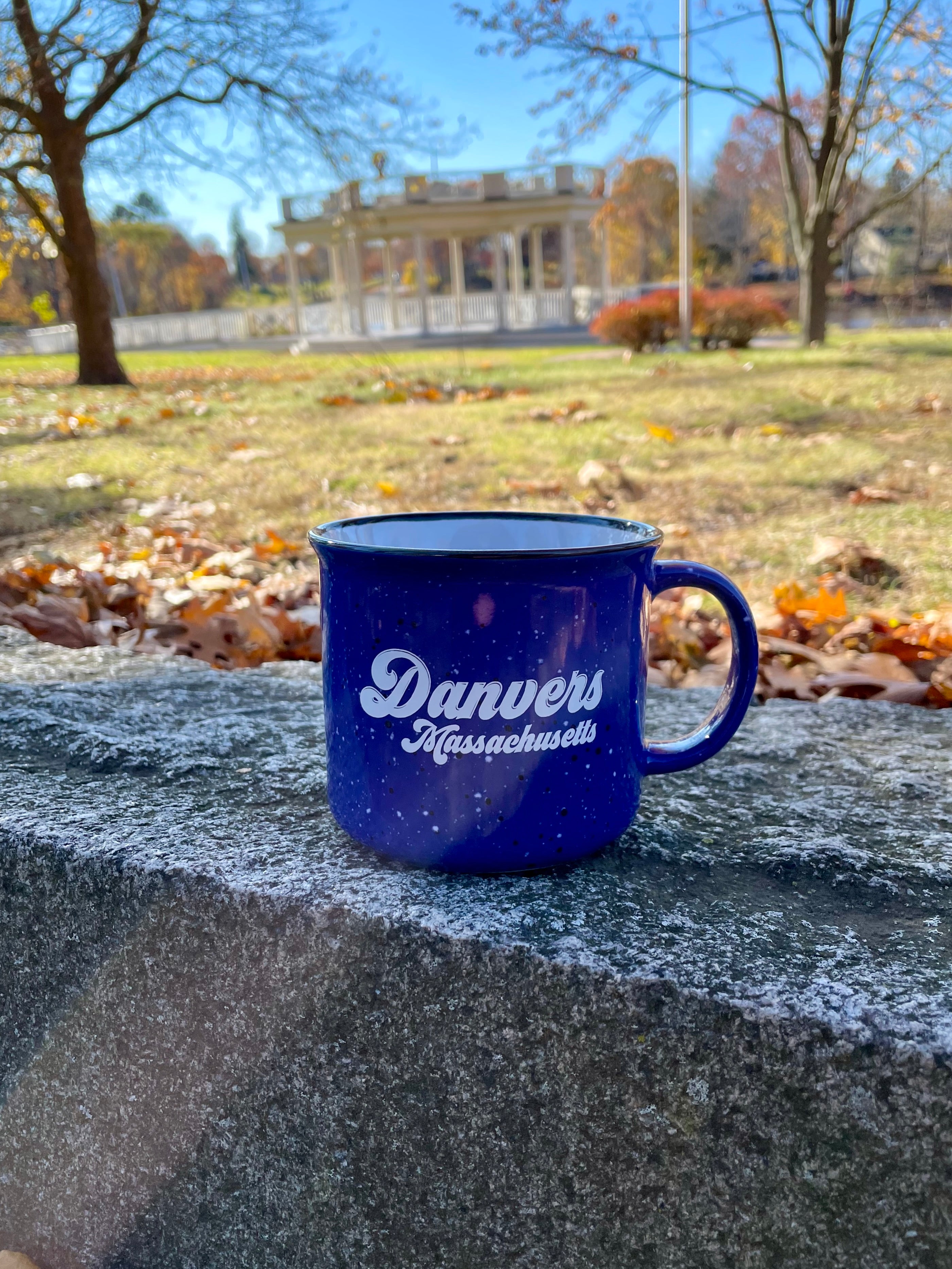 Blue mug with 'Danvers, Massachusetts' text on a stone ledge with a park background