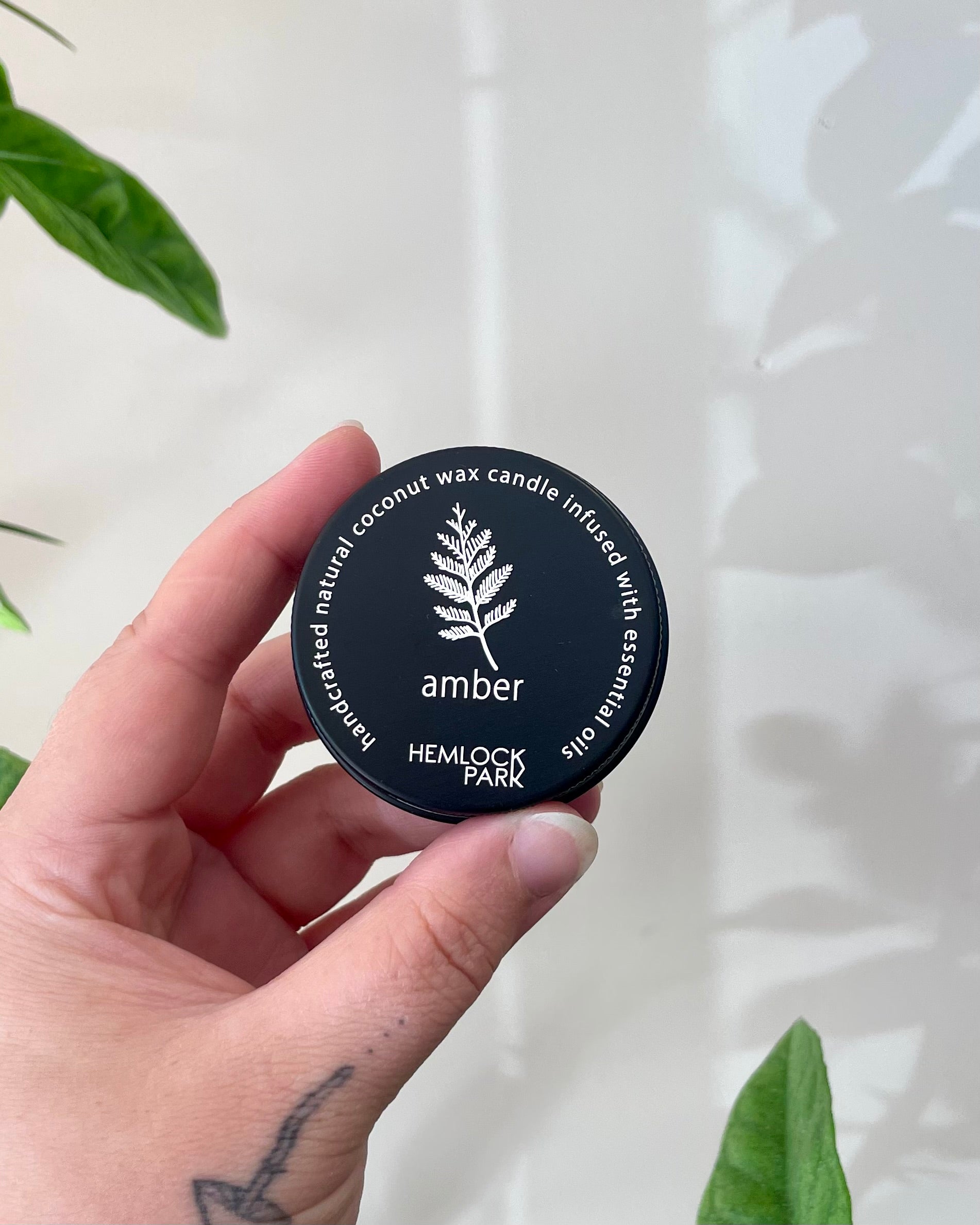 Hand holding a black candle container labeled 'amber' with green leaves in the background