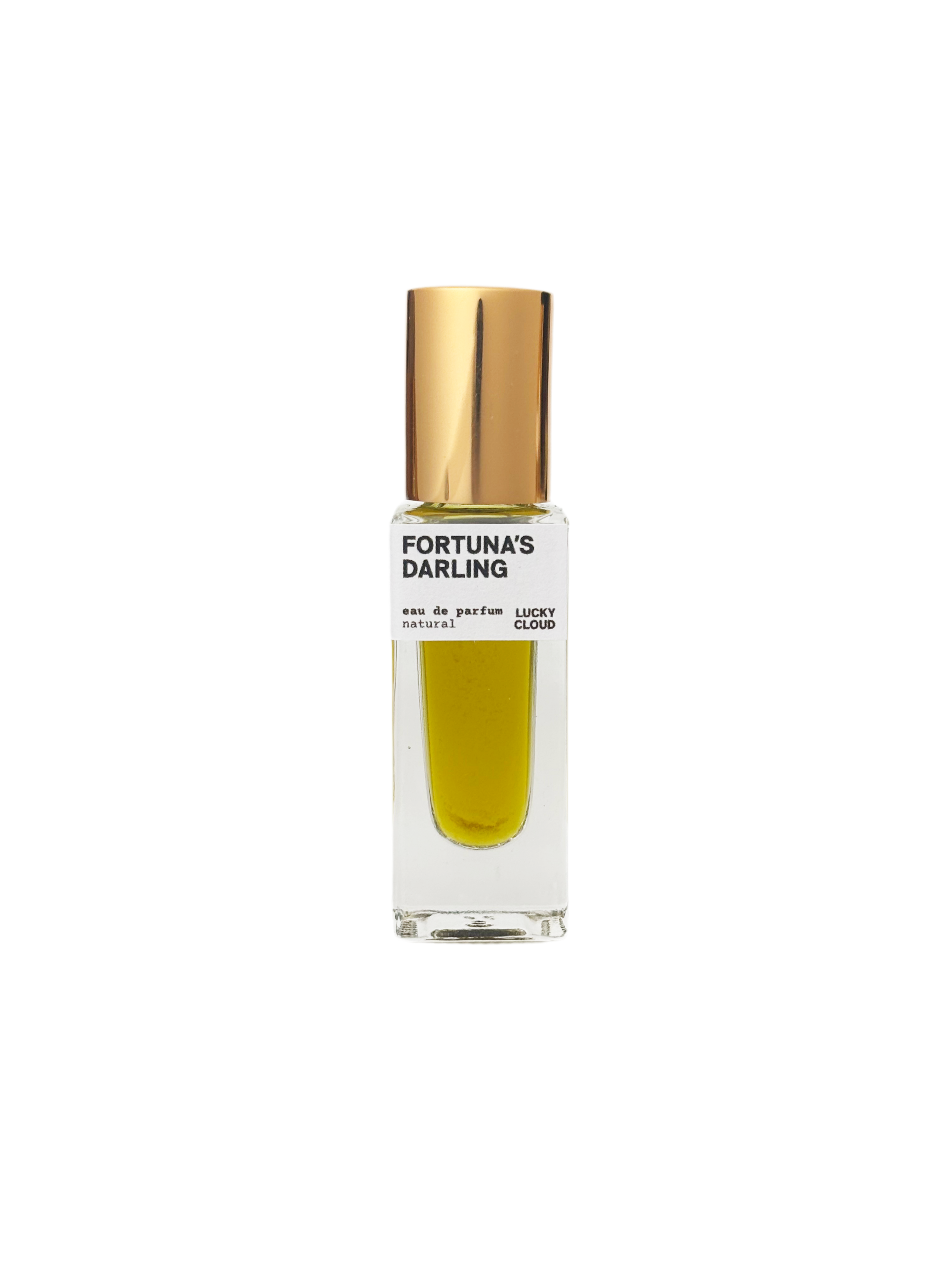 Perfume bottle labeled 'Fortuna's Darling' with a gold cap on a white background