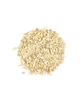 Small pile of light brown dried herbs on a white background