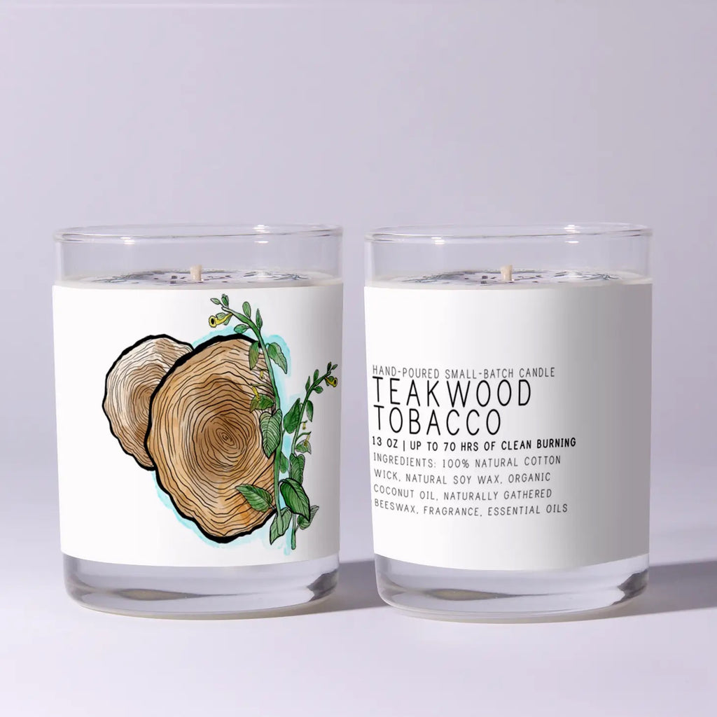 Two candles with labels on a light gray background