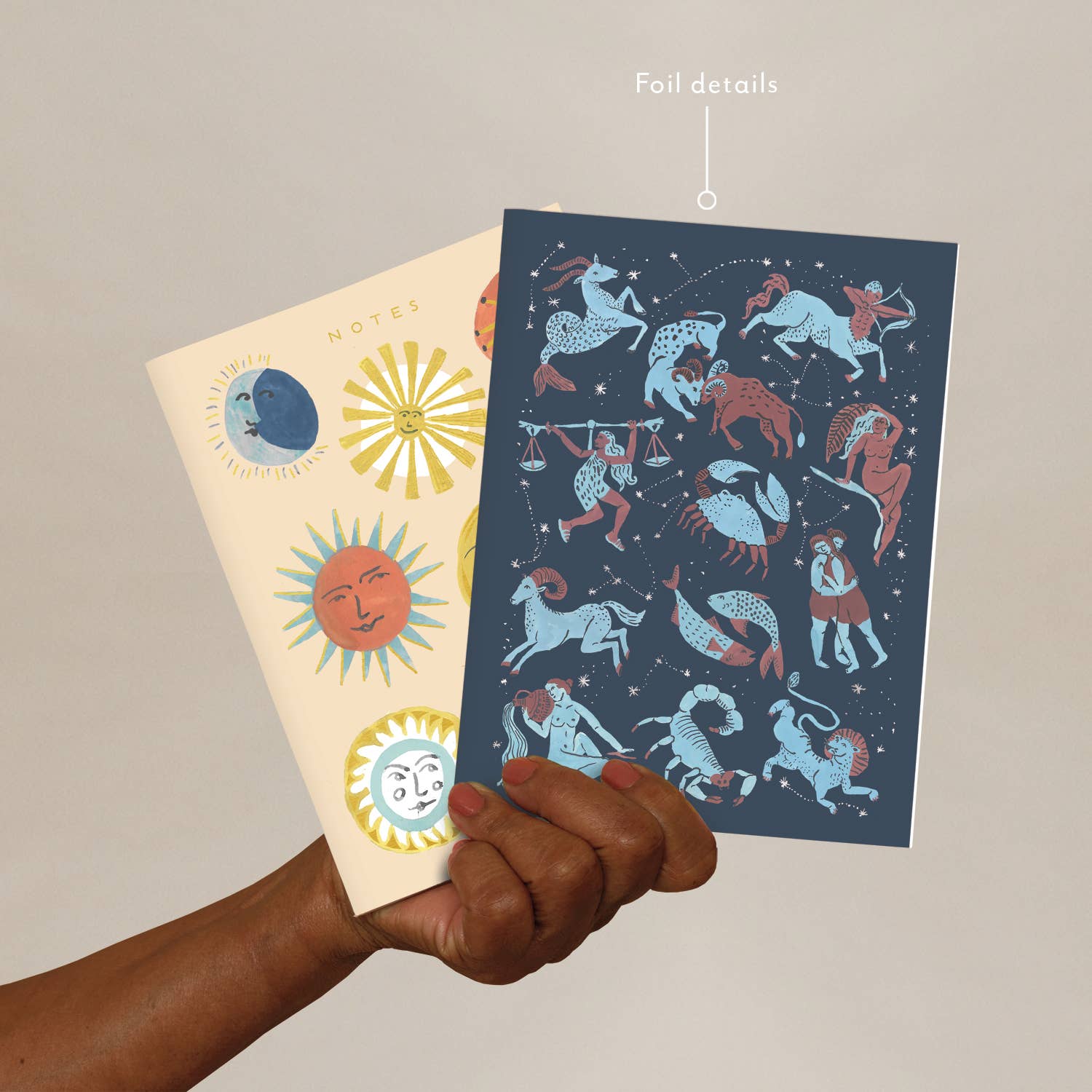 Hand holding two zodiac-themed notebooks against a plain background