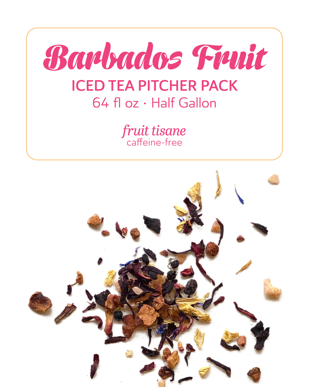Barbados Fruit iced tea pitcher pack with tea leaves on a white background