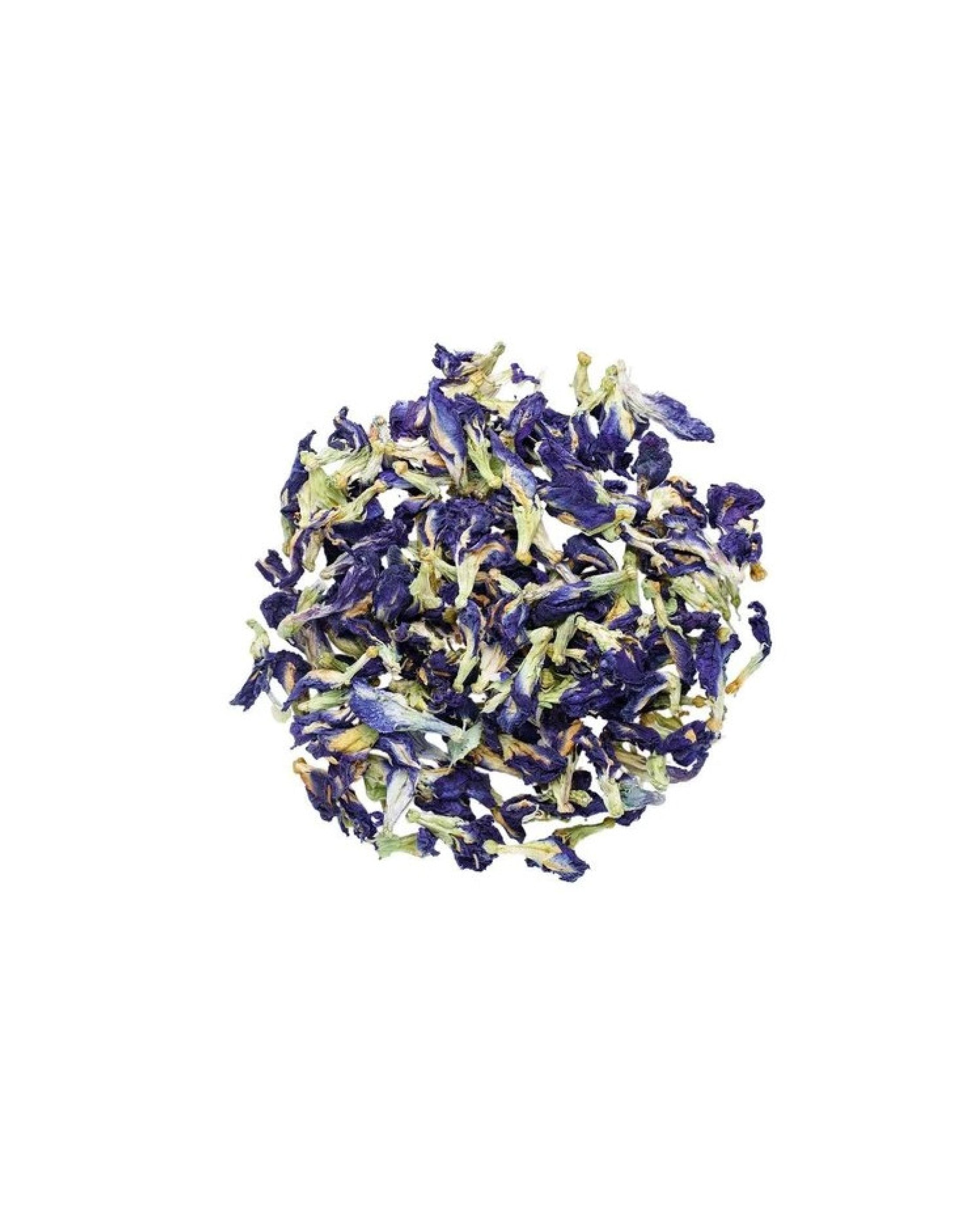 Bowl of dried butterfly pea flowers on a white background
