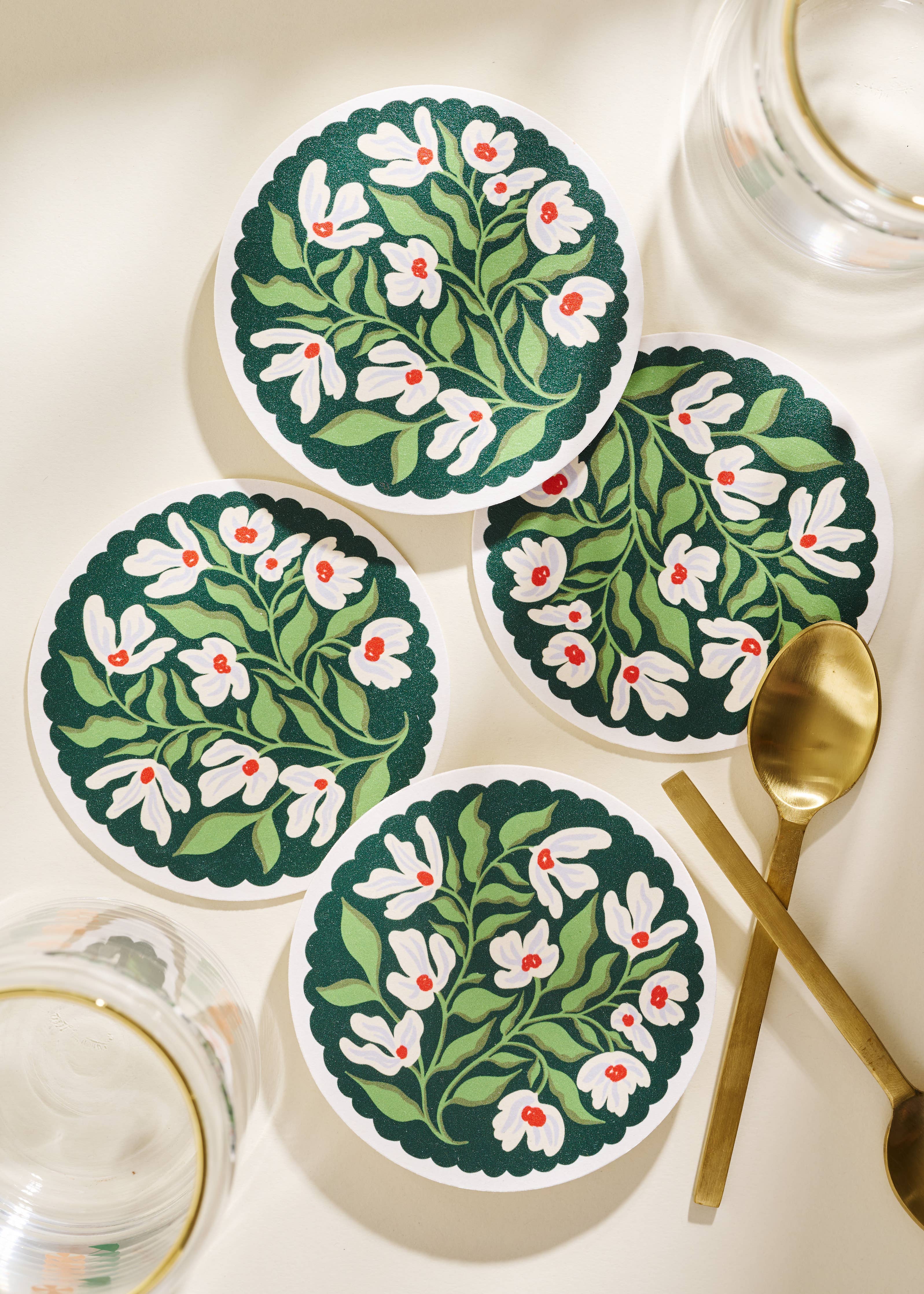 Winter Floral Scalloped Coasters - Set of 4